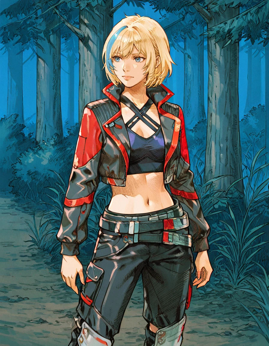 1girl, solo, navel, blonde hair, jacket, multicolored hair, pants, streaked hair, midriff, blue eyes, cropped jacket, short hair, belt, blue hair, criss-cross halter, open jacket, breasts, standing, black pants, shorts, nea karlsson<lora:Nea_Karlsson_-_Straight_Arrow_Skin_Dead_by_DaylightIIIustrious:0.8> outdoor forest, night <lora:Marvel_vs._Capcom_2_New_Age_of_Heroes_Style:0.8> mvc2 style, hatching (texture)
