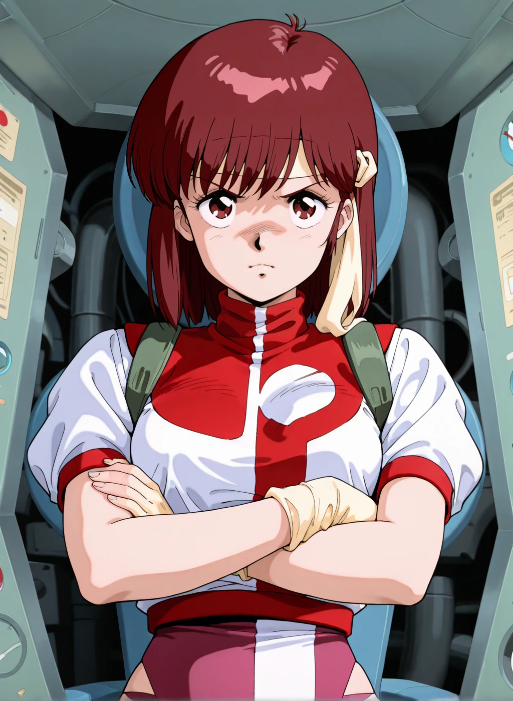 High quality,Ultra detailed,best quality,insanely detailed,beautiful,masterpiece,absurdres,very aesthetic,sensitive BREAK
<lora:takaya_noriko_V1_NOOB:1>,(takaya noriko, top wo nerae, red hair, short hair, brown eyes, 1980s \(style\), retro artstyle),(pink leotard,uniform,turtleneck,short sleeves,puffy sleeves),1girl,solo,posing,indoors,cockpit,serious,arms crossed,bandana,science fiction,