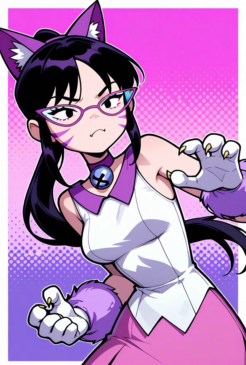 <lora:nyancychan-10:1> nyancychan, black hair, 1girl, long hair, cat ears, purple glasses, claws, gloves, neck bell, purple choker, whisker markings, ponytail, pink skirt, sleeveless, sharp canines, dynamic pose,, masterpiece, best quality, amazing quality, very aesthetic, absurdres, newest,, upper body, halftone effect, white borders, abstract background:1.2,