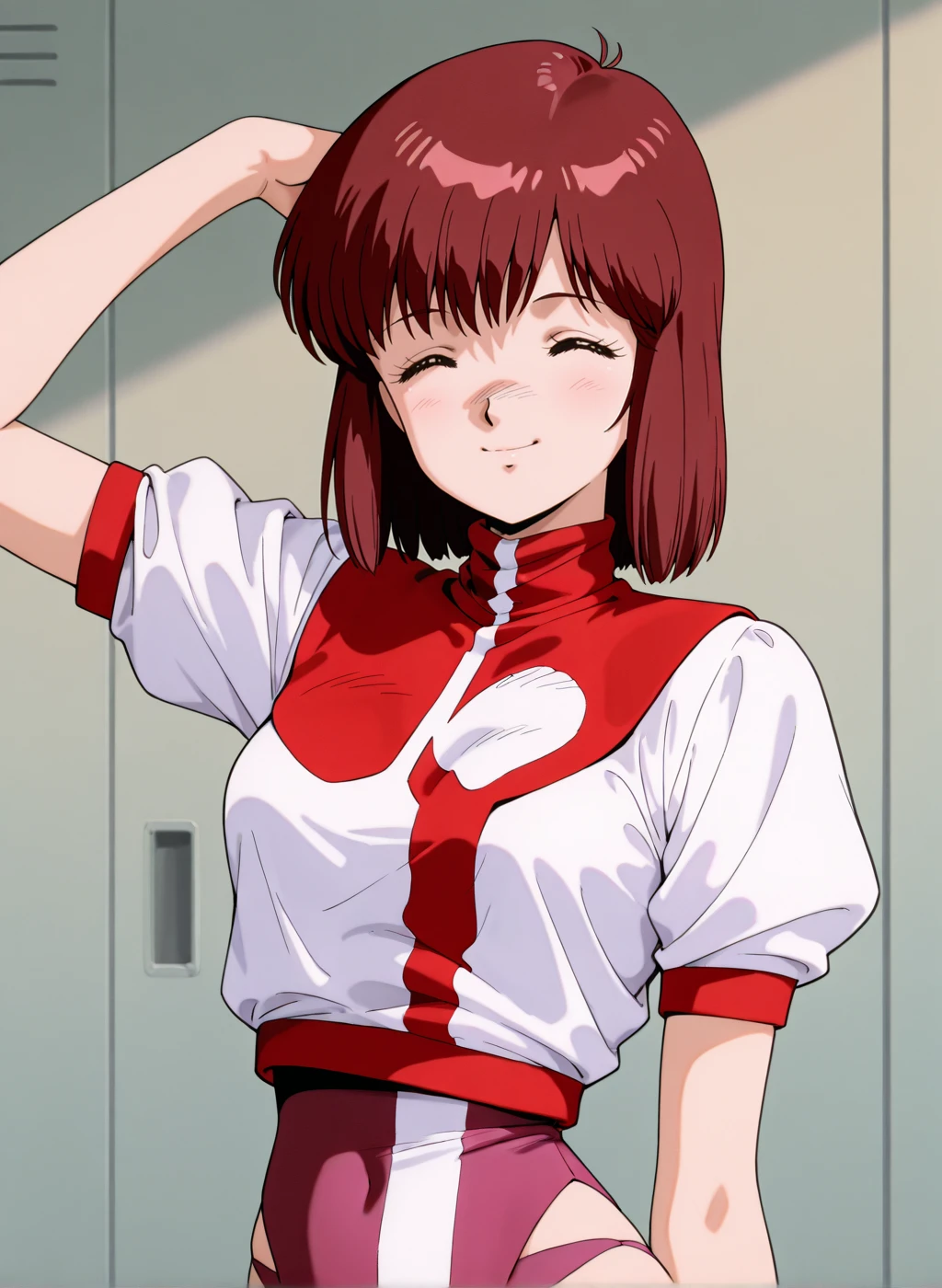 High quality,Ultra detailed,best quality,insanely detailed,beautiful,masterpiece,absurdres,very aesthetic,sensitive BREAK
<lora:takaya_noriko_V1_NOOB:1>,(takaya noriko, top wo nerae, red hair, short hair, brown eyes, 1980s \(style\), retro artstyle),(pink leotard,uniform,turtleneck,short sleeves,puffy sleeves),1girl,solo,posing,indoors,portrait,smile,^_^,closed eyes,science fiction,