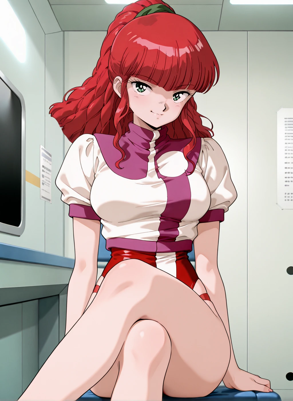 High quality,Ultra detailed,best quality,insanely detailed,beautiful,masterpiece,absurdres,very aesthetic,sensitive BREAK
<lora:jung_freud_V1_NOOB:1>,(jung freud, top wo nerae, red hair, long hair, green eyes, ponytail, medium breasts, 1980s \(style\), retro artstyle),(red leotard,uniform,turtleneck,short sleeves,puffy sleeves),1girl,solo,posing,indoors,science fiction,sitting,crossed legs,seductive smile,