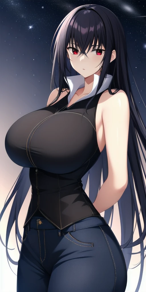 girl、black blue hair、black and light blue odd eyes、big breasts、big breasts、Show your belly、nipple、smiling、Black tentacles、black clothes、Show your belly