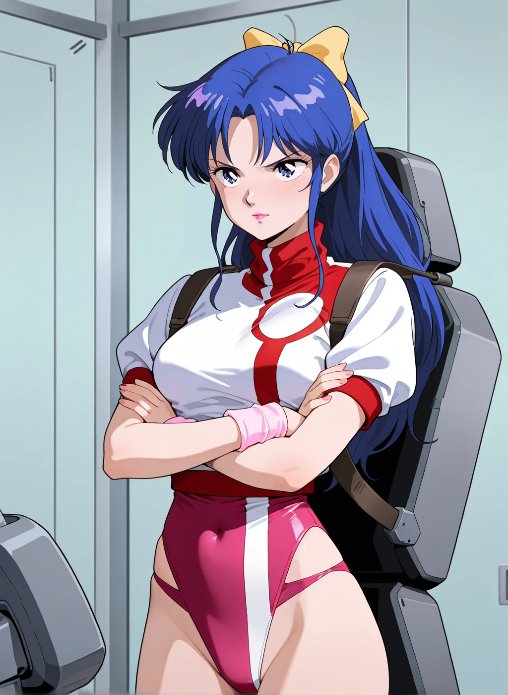 High quality,Ultra detailed,best quality,insanely detailed,beautiful,masterpiece,absurdres,very aesthetic,sensitive BREAK
<lora:amano_kazumi_V1_NOOB:1>,(amano kazumi, top wo nerae, blue hair, long hair, blue eyes, hair bow, yellow bow, ponytail, pink lips, retro artstyle, 1980s \(style\)),(pink leotard,uniform,turtleneck,short sleeves,puffy sleeves),1girl,solo,posing,indoors,cockpit,serious,arms crossed,