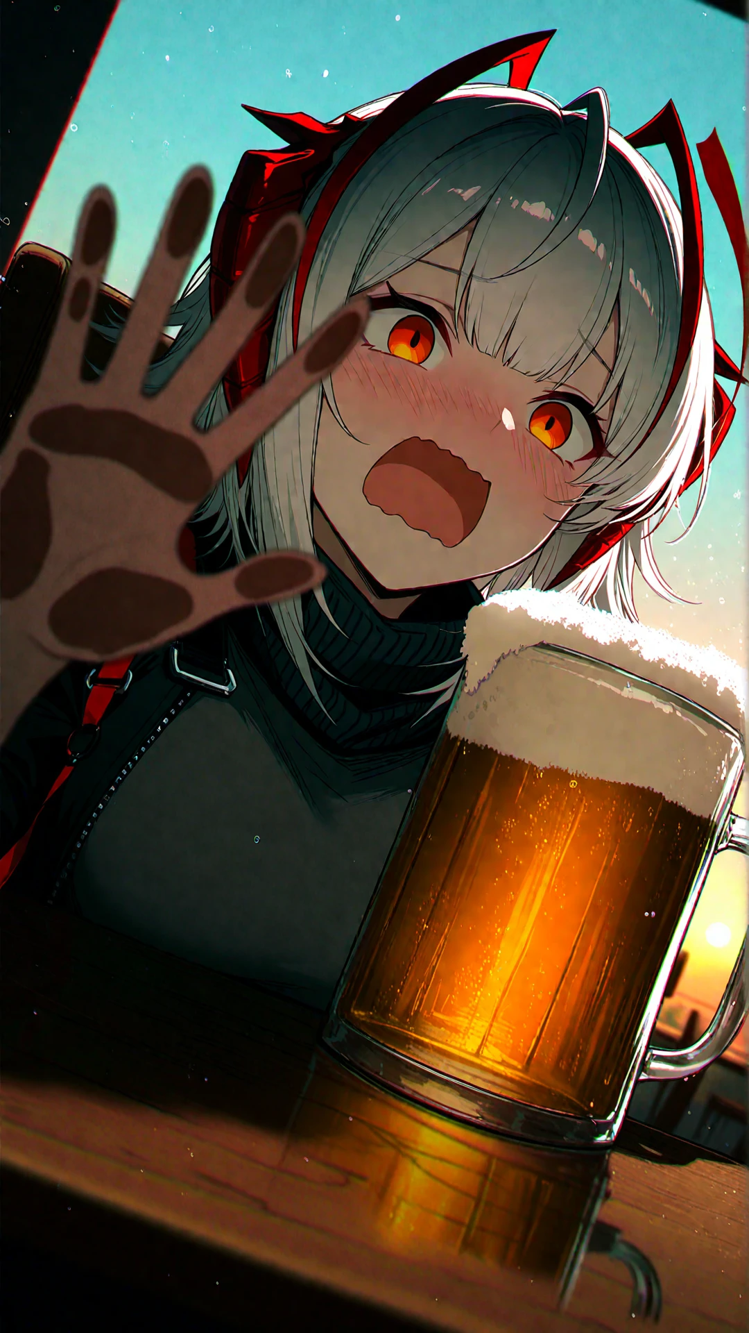 masterpiece, best quality, amazing quality, very aesthetic, absurdres, highres, newest, HDR, 8K, high detail, subtle, high contrast, real background, smooth shading, glossy surfaces, colorful depth,
1girl, solo,girl, w \(arknights\), orange eyes, white hair, glass, face through glass, blue sky, outdoors, bar, Beer in a keg, beer mug, happy, indoors, blush, open mouth, wavy mouth, meme face, >_<, screaming, table, chair, sitting, chromatic aberration, cinematic composition, natural lighting, front view, Bring your face close to the glass, dutch angle, blurry foreground, lighting, particles, sunset,