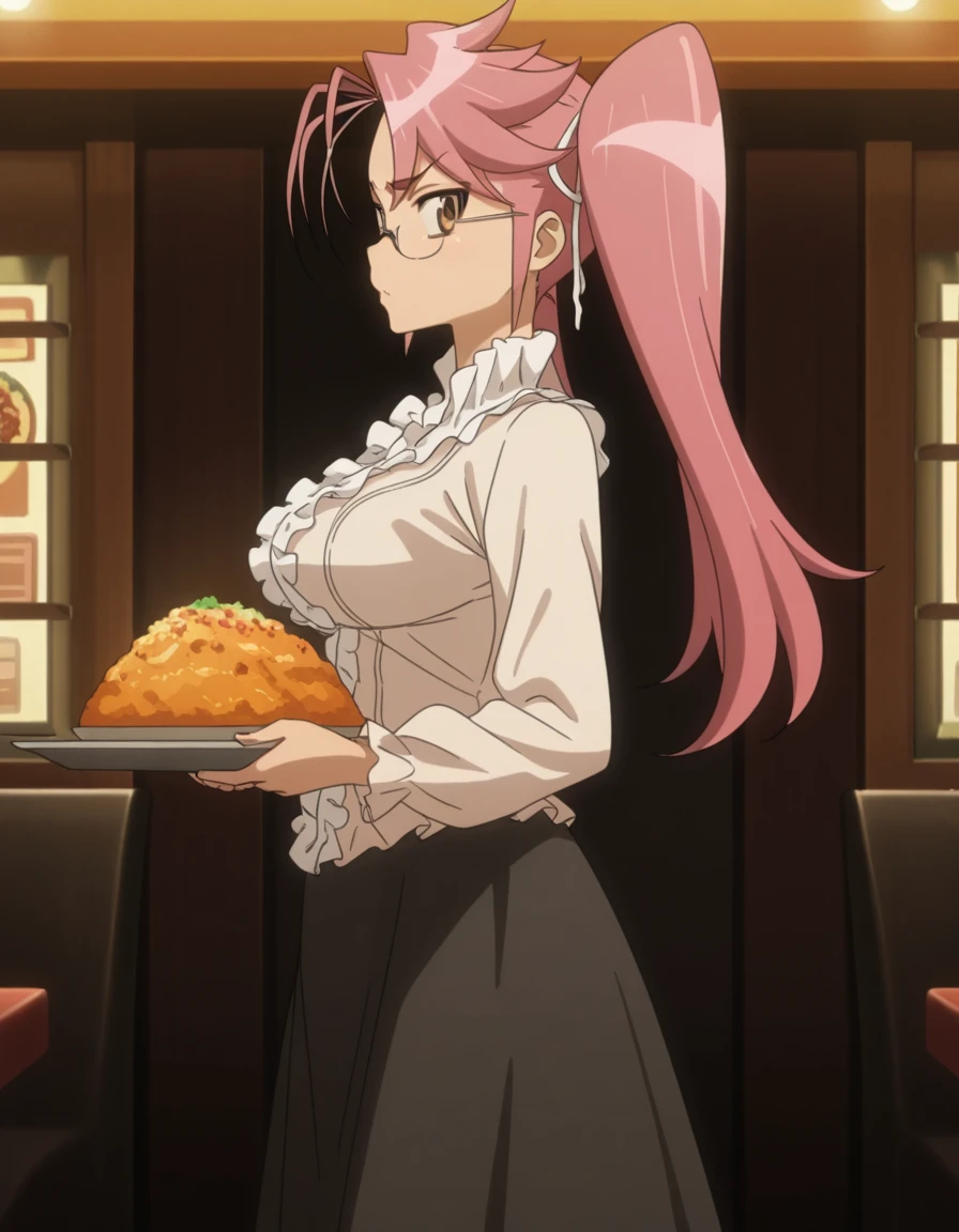 masterpiece, best quality, amazing quality,, <lora:saya-takagi-s1-illustriousxl-lora-nochekaiser:1>, saya takagi, takagi saya, long hair, ribbon, twintails, brown eyes, hair ribbon, pink hair, glasses, mature female, breasts, anime screencap, shirt, dress, frills, long sleeves, skirt, black skirt, long skirt, centered frills,, from side, restaurant, laughter, good food, warm lighting, celebration, cowboy shot, solo, looking at viewer