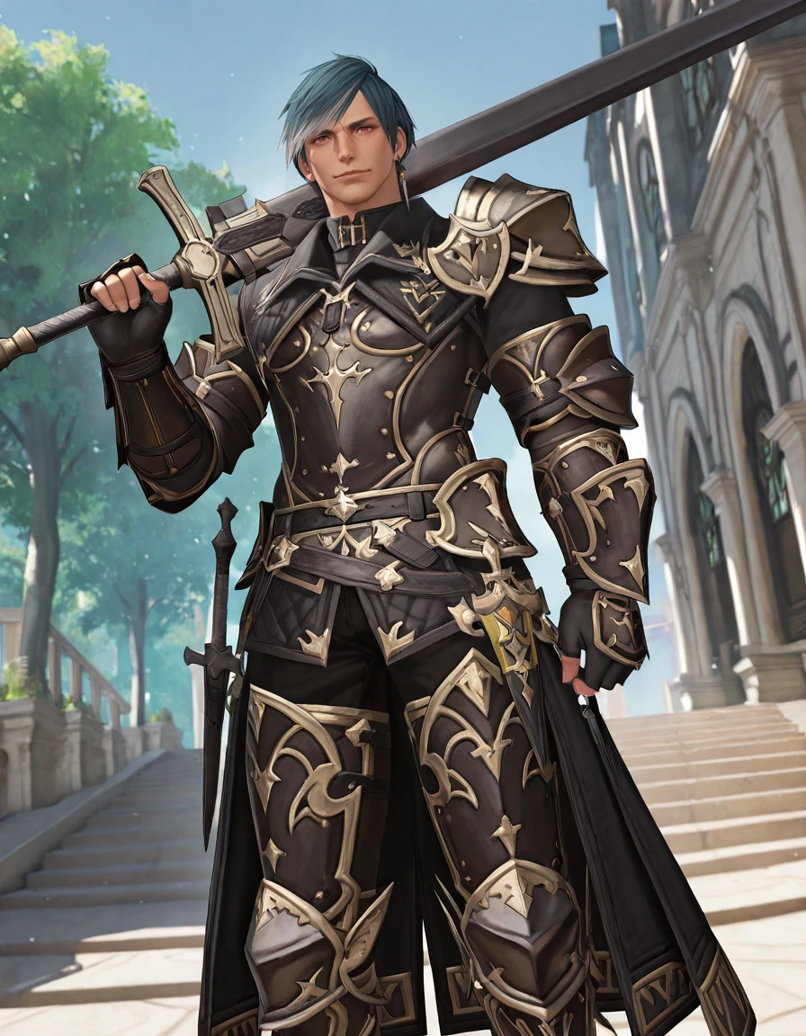 masterpiece, best quality, newest, perfect quality, intricate details, detailed background, male focus, realistic, solo, <lora:FFXIV - Granson Ketchthane - Illustrious-000004:0.8> granson_ffxiv, 1boy, hyur, red eyes, nose scar, teal hair, multicolored hair, single earring, single pauldron, coat, gauntlets, fingerless gloves, pants, armored boots, looking at viewer, outdoors, trees, kingdom, greatsword over shoulder