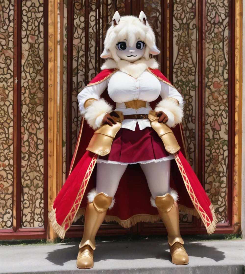 1girl, wild hips, huge breasts, armor, armored boots, boots, cape, faulds, feather hair, full body, hair between eyes, looking at viewer, official alternate costume, parted lips, red cape, red skirt, shirt, skirt, solo, white shirt,
furry girl 7 (JSSTUDIO),furry,furry female,body fur,body fur,white fur,neck fur,horns,short hair,white hair,droopy ears,snout,animal nose,black eyes,:3,
animal hands,
intricate details,detailed background,
<lora:noobaiXLNAIXL_epsilonPred11Version-lora:0.11> <lora:furry_girl_7_JSSTUDIO:1>