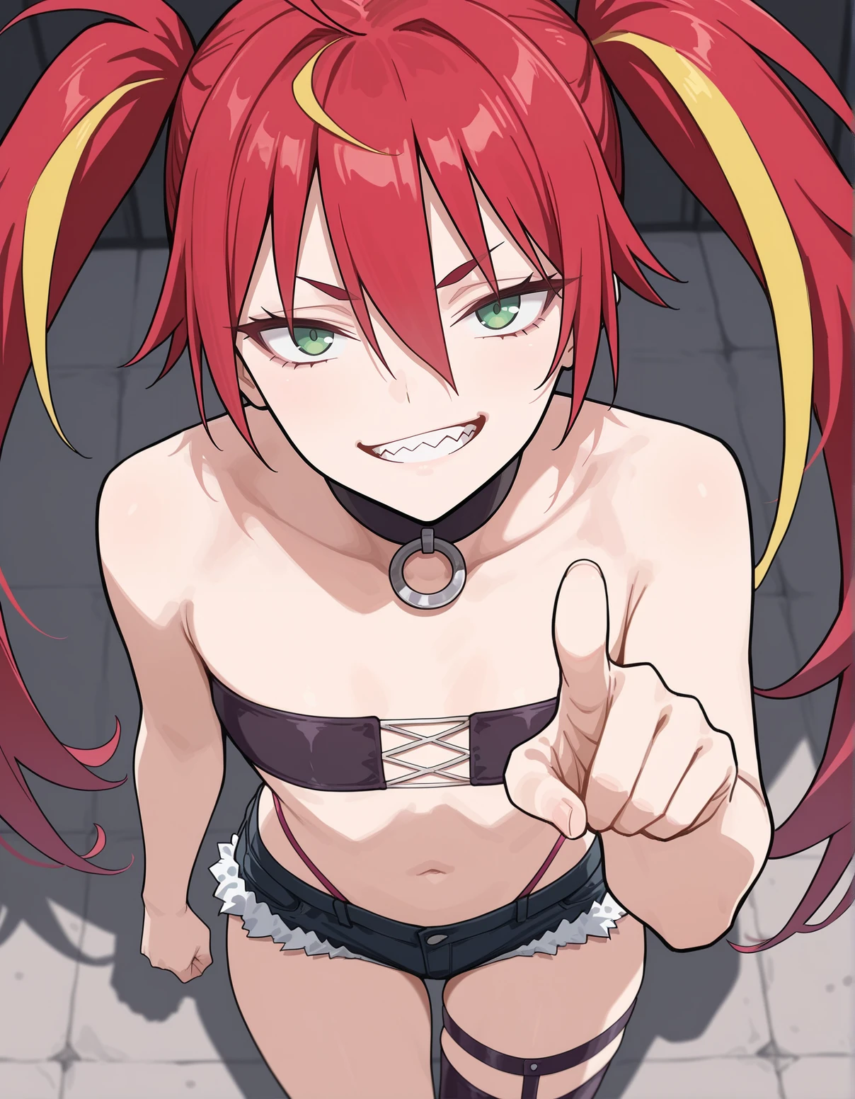 (masterpiece, best quality:1.2), solo, 1girl, kirigakure shura, grin, looking at viewer, arms behind head, ponytail, bikini top only, denim shorts, white thighhighs <lora:blueexorcist_kirigakure-10:1>