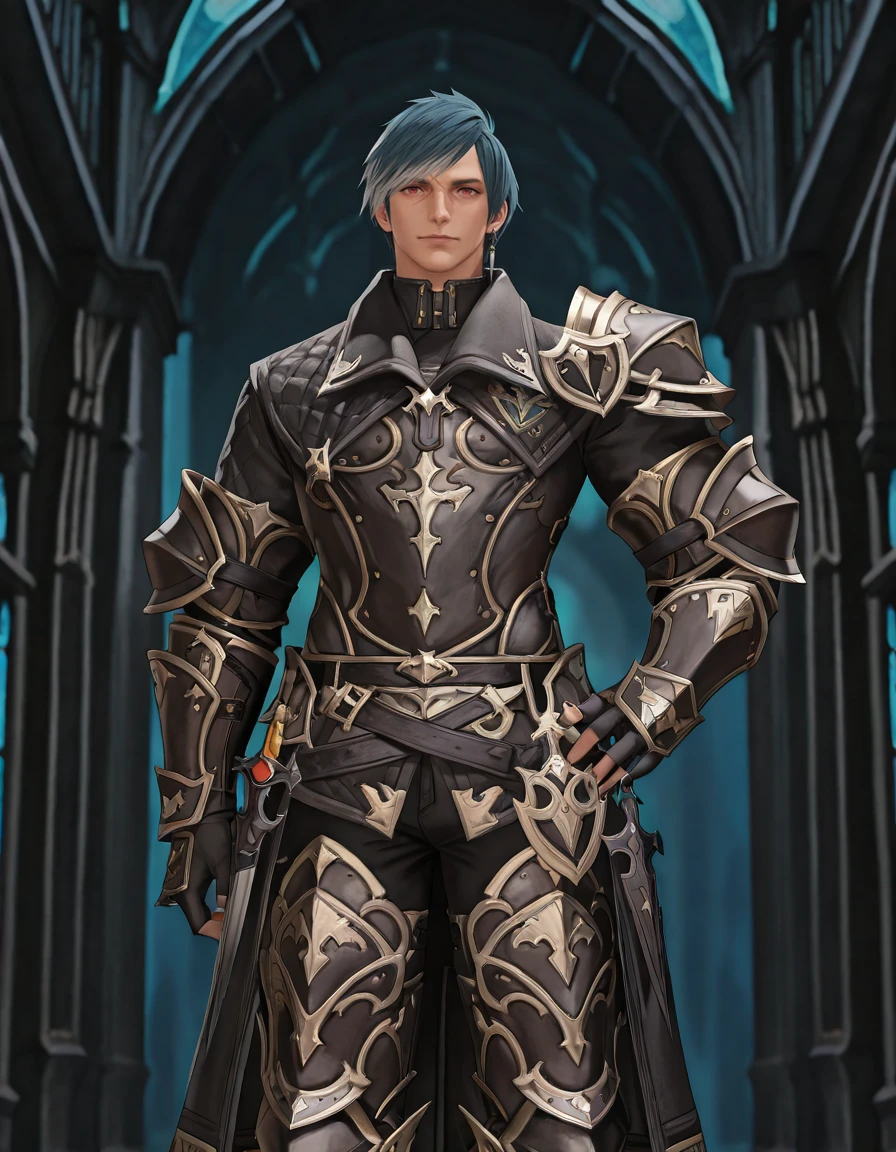 masterpiece, best quality, newest, perfect quality, intricate details, detailed background, male focus, realistic, solo, <lora:FFXIV - Granson Ketchthane - Illustrious-000004:0.8> granson_ffxiv, 1boy, hyur, red eyes, nose scar, teal hair, multicolored hair, single earring, single pauldron, coat, gauntlets, fingerless gloves, pants, armored boots, looking at viewer, hand on own hip