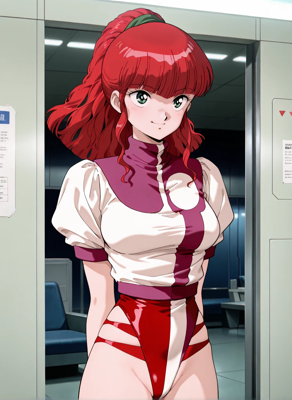 High quality,Ultra detailed,best quality,insanely detailed,beautiful,masterpiece,absurdres,very aesthetic,sensitive BREAK
<lora:jung_freud_V1_NOOB:1>,(jung freud, top wo nerae, red hair, long hair, green eyes, ponytail, medium breasts, 1980s \(style\), retro artstyle),(red leotard,uniform,turtleneck,short sleeves,puffy sleeves),1girl,solo,posing,indoors,science fiction,standing,arms behind back,smile,