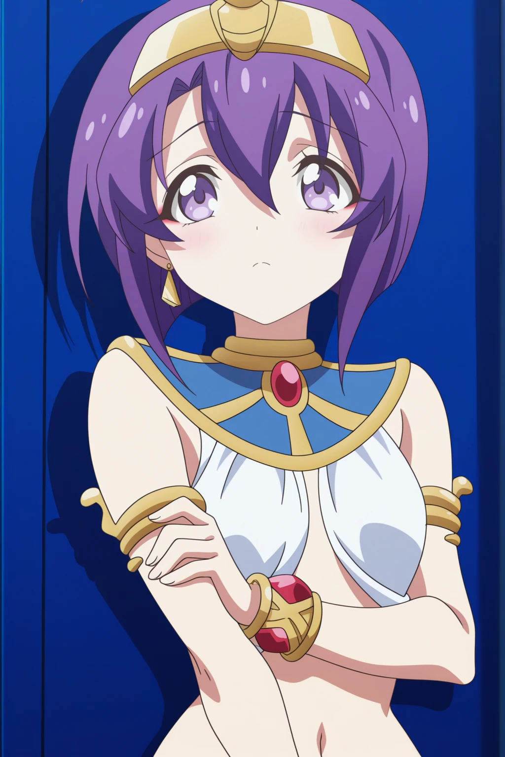 purple hair, rose eyes, short hair, naked, white background, smoll stature, chibi, flat cheast, flat tits, show pussy, naked, unclothed. medium thighs, bandaged legs, small breasts, pink areola, 1 girl, one girl, small stomach, curvy waist, round butt, small belly, clear skin, 1 girl, cute girl, one girl, 1 girl, naked, 1 girl