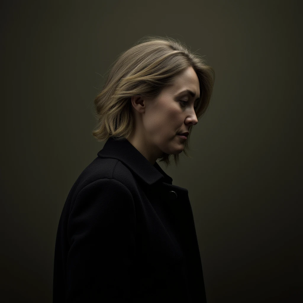 UHD, 4k, ultra detailed, cinematic, a photograph of <lora:sad style v1.1:1>
a profile of a sad mature woman with a black jacket, epic, beautiful lighting, inpsiring