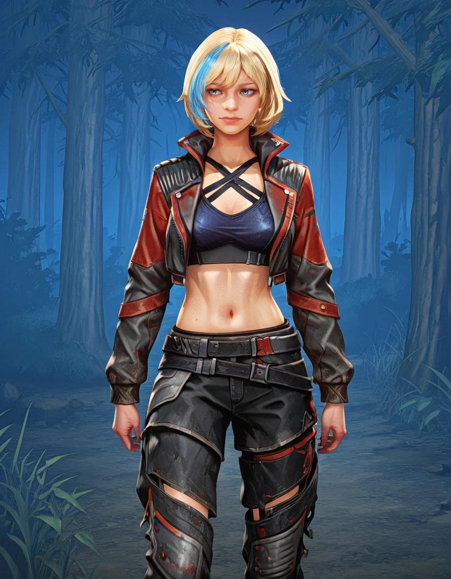 1girl, solo, navel, blonde hair, jacket, multicolored hair, pants, streaked hair, midriff, blue eyes, cropped jacket, short hair, belt, blue hair, criss-cross halter, open jacket, breasts, standing, black pants, shorts, nea karlsson<lora:Nea_Karlsson_-_Straight_Arrow_Skin_Dead_by_DaylightIIIustrious:0.8> outdoor forest, night <lora:LeagueOfLegendsIL:0.8>