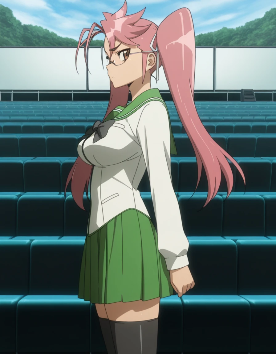 masterpiece, best quality, amazing quality,, <lora:saya-takagi-s1-illustriousxl-lora-nochekaiser:1>, saya takagi, takagi saya, long hair, ribbon, twintails, brown eyes, hair ribbon, pink hair, glasses, mature female, breasts, anime screencap, skirt, thighhighs, school uniform, serafuku, zettai ryouiki, green skirt, bowtie, long sleeves, black thighhighs, black bowtie,, from side, amphitheater, seats, outdoor, stage, large, cowboy shot, solo, looking at viewer