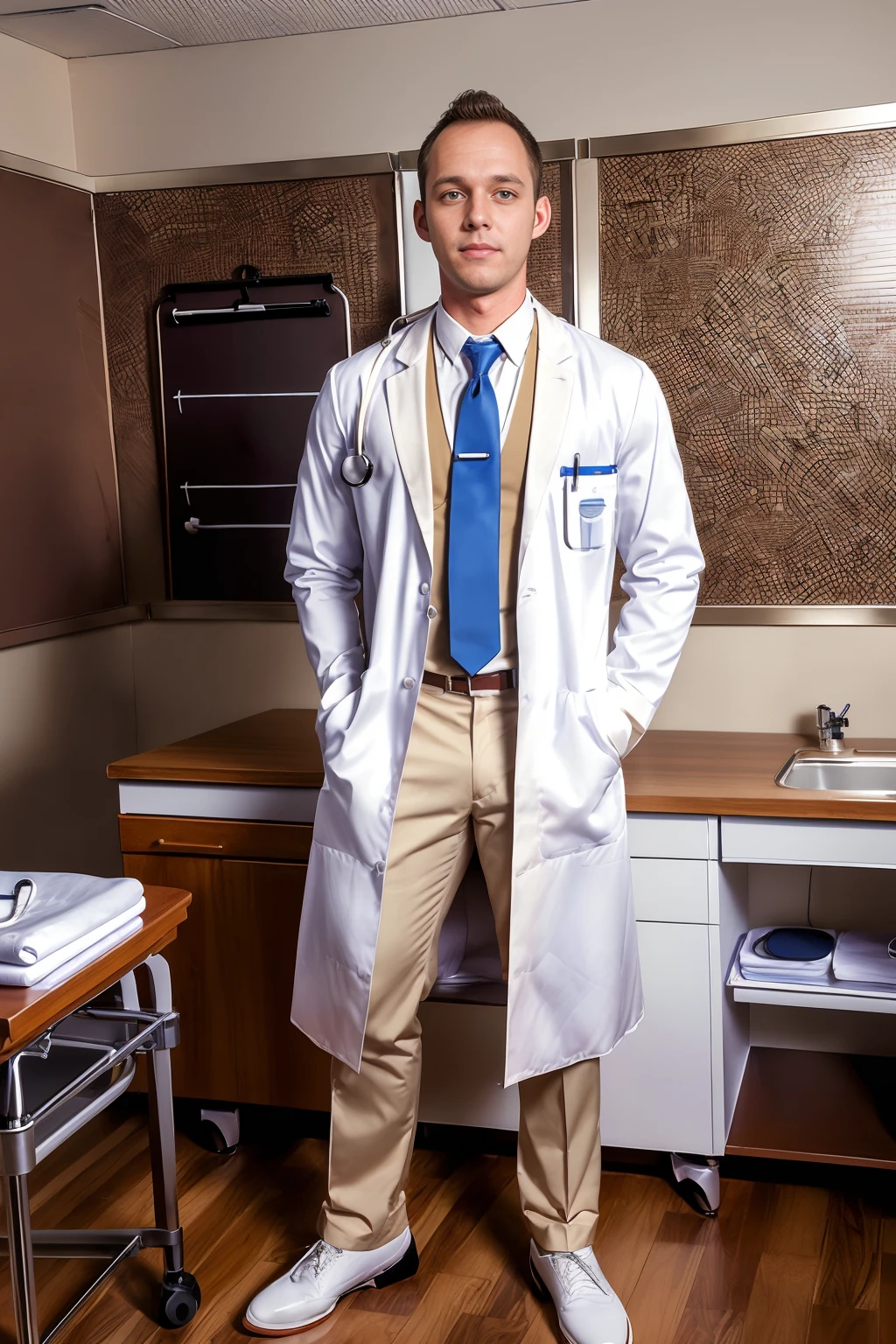 doctor's office exam room, standing next to an examination table, DevinAdams is a medical doctor, wearing a dress shirt and tie, brown pants, dress shoes, (((white lab coat))), (holding a clipboard), (stethoscope around his neck), (((full body portrait))), wide angle <lora:DevinAdams:0.8>