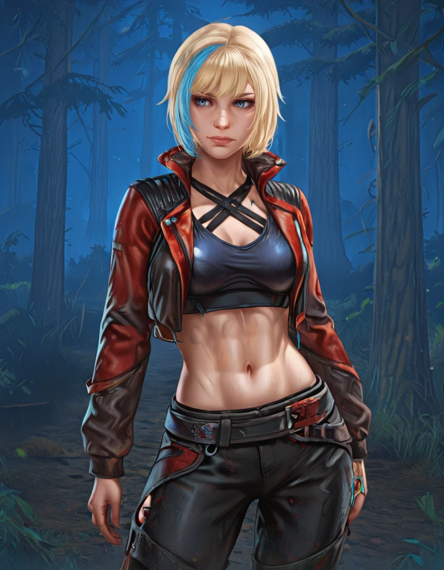 1girl, solo, navel, blonde hair, jacket, multicolored hair, pants, streaked hair, midriff, blue eyes, cropped jacket, short hair, belt, blue hair, criss-cross halter, open jacket, breasts, standing, black pants, shorts, nea karlsson<lora:Nea_Karlsson_-_Straight_Arrow_Skin_Dead_by_DaylightIIIustrious:0.8> outdoor forest, night <lora:DandonFuga_Style_-_Illustrious:0.8> dandonfuga