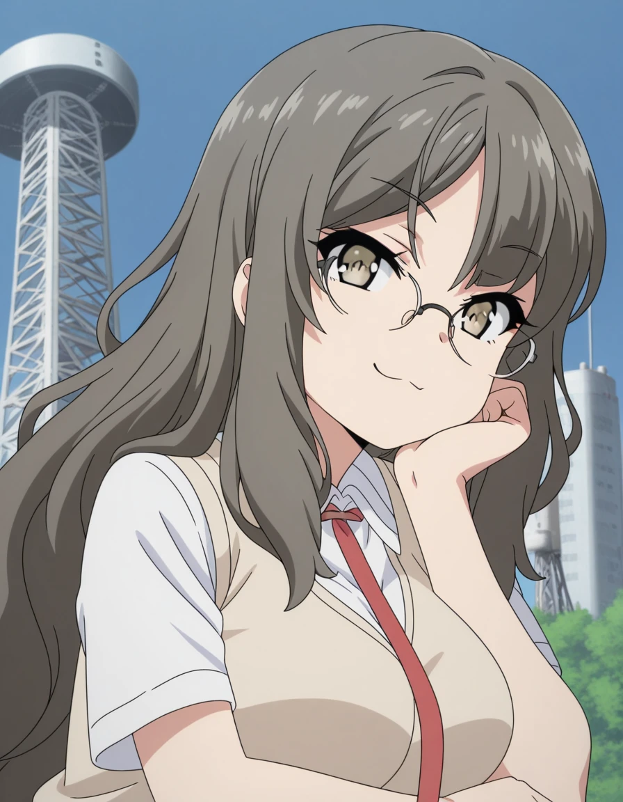 masterpiece, best quality, amazing quality,, <lora:rio-futaba-s1-illustriousxl-lora-nochekaiser:1>, rio futaba, futaba rio, long hair, brown hair, brown eyes, glasses, mature female, breasts, anime screencap, shirt, school uniform, white shirt, short sleeves, necktie, red necktie, head rest, smug, nuclear powerplant, radiation, cooling_towers, danger, energy, cowboy shot, solo, looking at viewer