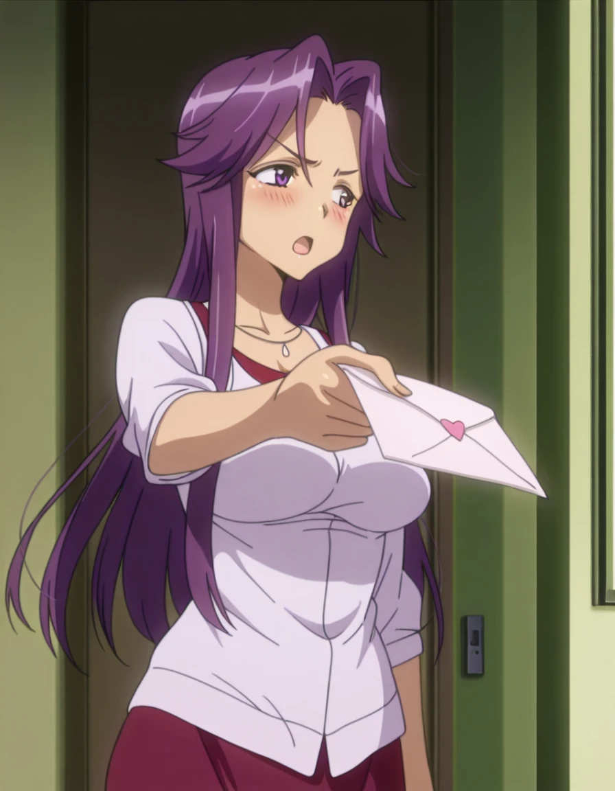 masterpiece, best quality, amazing quality,, <lora:yuriko-takagi-s1-illustriousxl-lora-nochekaiser:1>, yuriko takagi, long hair, purple eyes, purple hair, parted bangs, mature female, breasts, anime screencap, <lora:tsundere-illustriousxl-lora-nochekaiser:1>, tsundere, incoming letter, love letter, outstretched arm, looking away, blush, open mouth, cowboy shot,