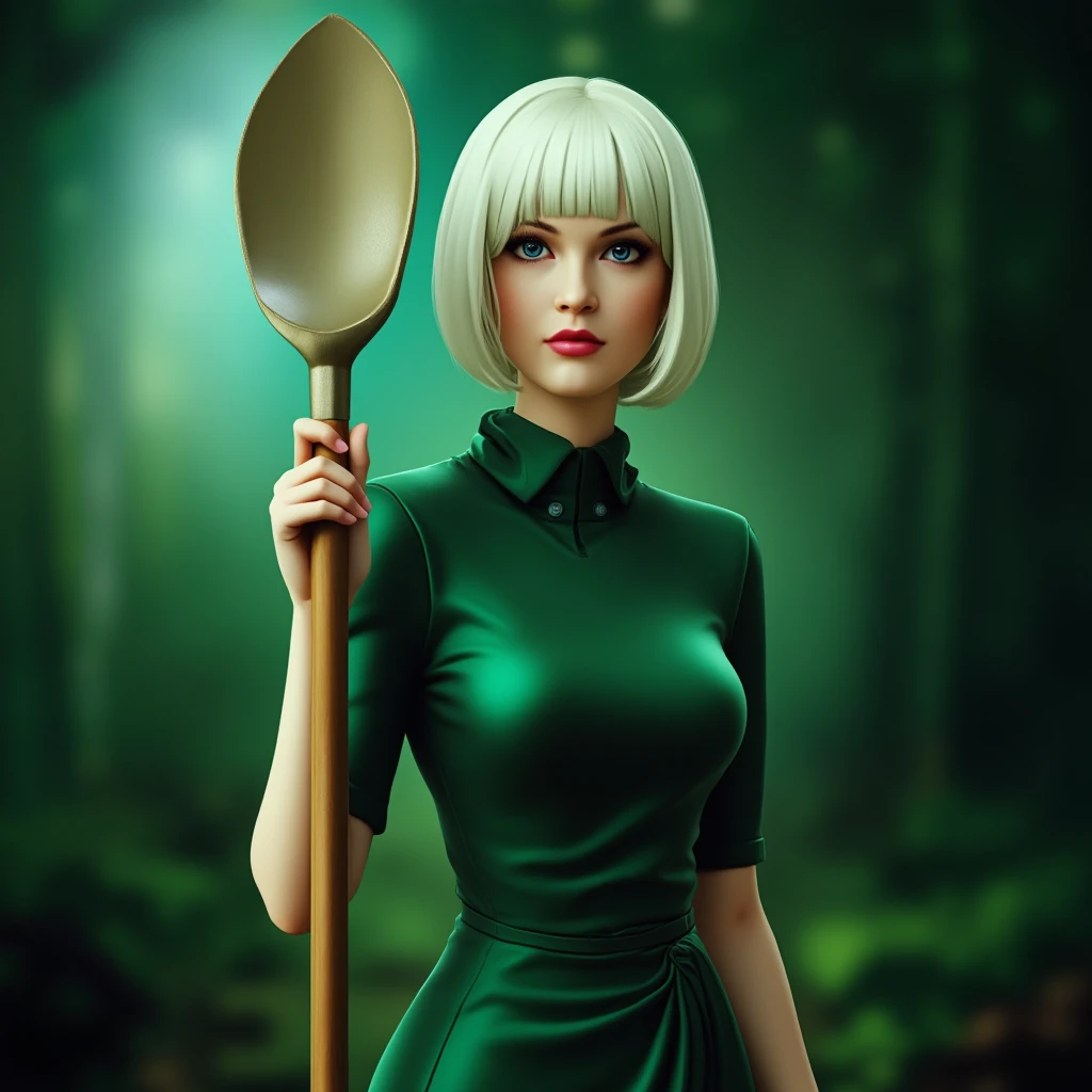 cinematic film still of <lora:Solarpunk style v1-step00001900:0.8>
cinematic Solarpunk style, Anno 2070 a white woman in a green dress holding a shovel, sci fi style, futuristic style, shallow depth of field, vignette, highly detailed, high budget, bokeh, cinemascope, moody, epic, gorgeous, film grain, grainy