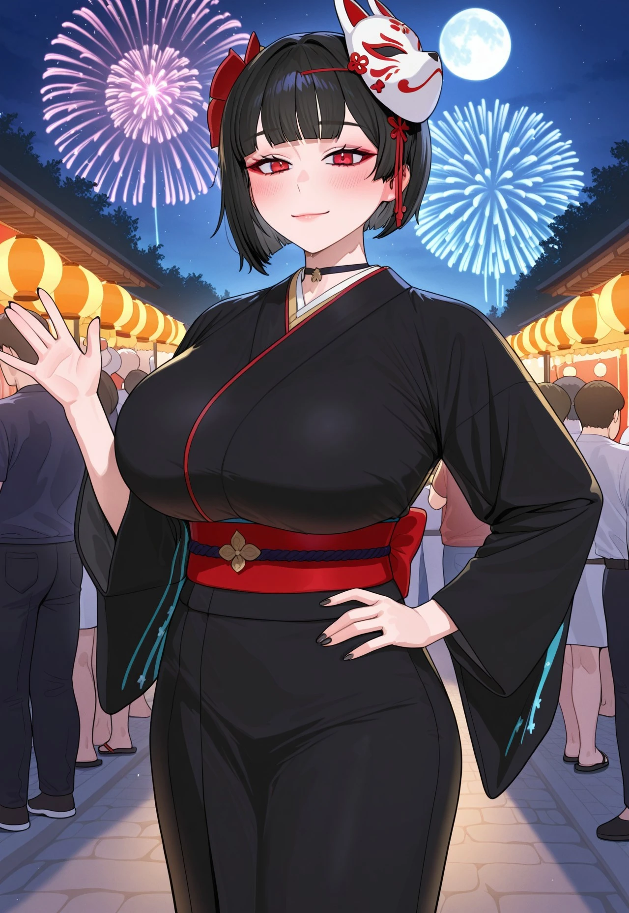 1women, (intricate details, depth of field), detailed eyes, perfect face, Black bob cut hair, purple eyes, pale skin, seductive pose, muscular abs, muscular build, abs covered by clothes, big butt, wide hips, attractive hips, strong thick thighs, thick, voluptuous, big breasts, alluring, seductive, night, provocative, festival, japanese kimono, hakama, sake, drinking, sweaty, wet, butterfly shape gold hairpin, blush, smirk, hand over hip, tight fit clothing,