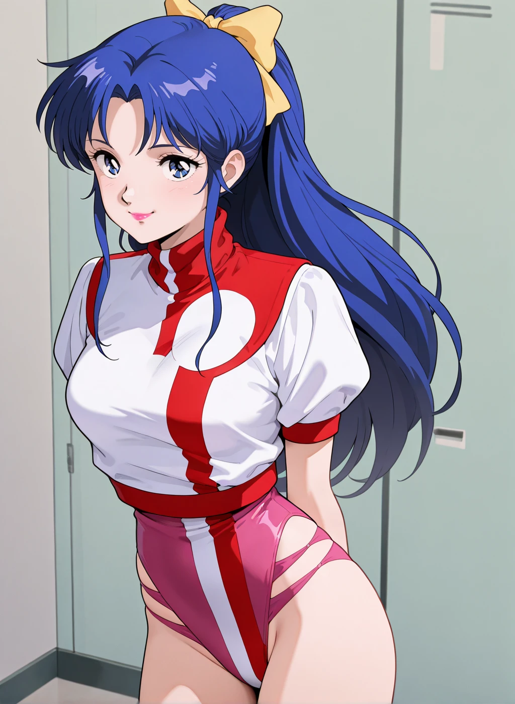 High quality,Ultra detailed,best quality,insanely detailed,beautiful,masterpiece,absurdres,very aesthetic,sensitive BREAK
<lora:amano_kazumi_V1_NOOB:1>,(amano kazumi, top wo nerae, blue hair, long hair, blue eyes, hair bow, yellow bow, ponytail, pink lips, retro artstyle, 1980s \(style\)),(pink leotard,uniform,turtleneck,short sleeves,puffy sleeves),1girl,solo,posing,indoors,standing,arms behind back,smile,