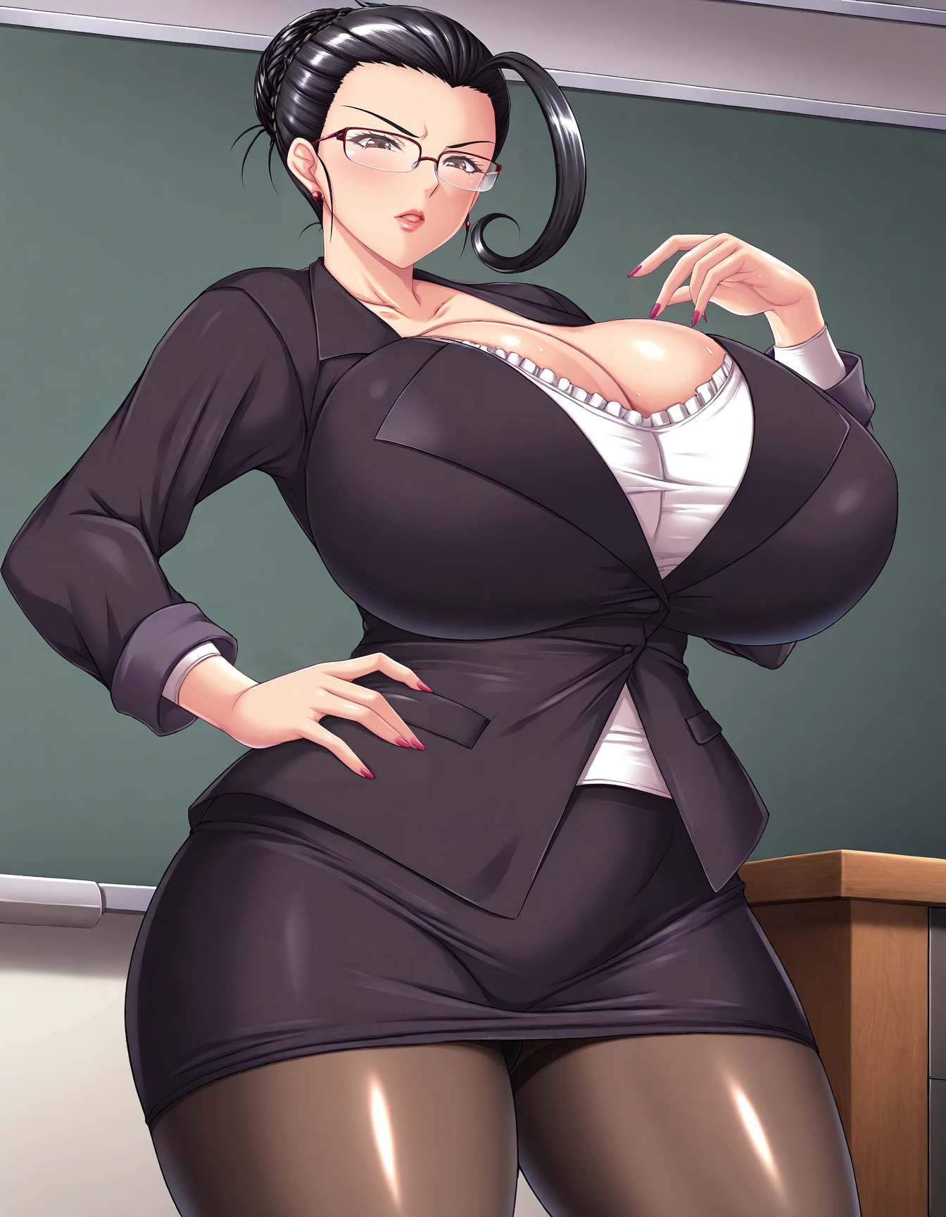 (frontal black braided hair), (librarian), library, (huge juicy breasts:1.2), (cleavage), (librarian dress:1.2), milf, busty, slim stomach, wide hips, beautiful face, professional lighting, glistening skin, high quality, (seductive pose:1.2)