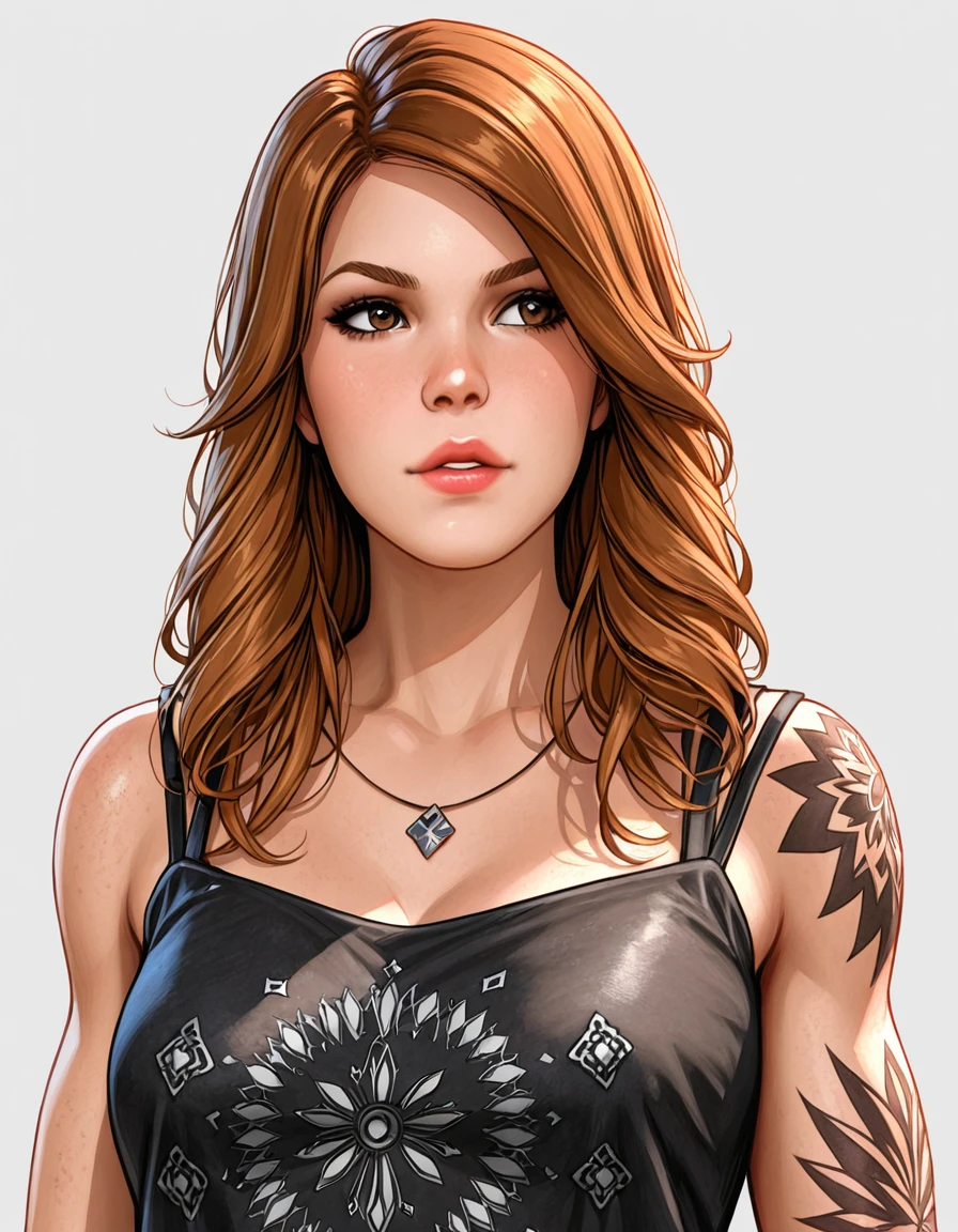 1girl, solo, brown hair, tattoo, long hair, lips, kate denson <lora:Kate_Denson_Dead_by_DaylightIIIustrious:1>