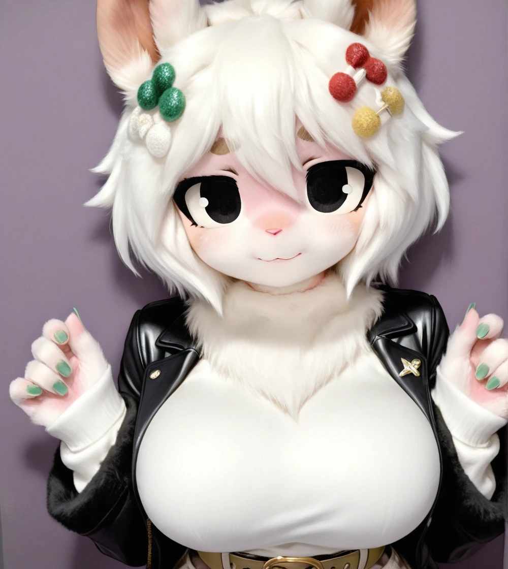 1girl, wild hips, huge breasts, belt, black jacket, blush, bow, breasts, fingernails, fur-trimmed jacket, fur trim, green nails, hair between eyes, hair ornament, jacket, looking at viewer, nail polish, official alternate costume, solo, splendor of onyx (umamusume), white bow,
furry girl 6 (JSSTUDIO),furry,furry female,body fur,neck fur,two-tone fur,white fur,pink fur,black eyes,snout,animal nose,short hair,white hair,
animal ears,hair ornament,
intricate details,detailed background,
<lora:noobaiXLNAIXL_epsilonPred11Version-lora:0.11> <lora:furry_girl_6_JSSTUDIO:1>