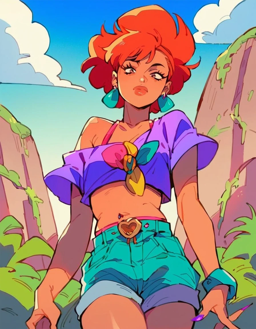 High-quality 3D images for close-ups,One Piece anime character,Nami,Eastern European mixed race sweet face,Preserve character details,,Long flowing orange hair,Wearing a green striped bikini,skintight jeans