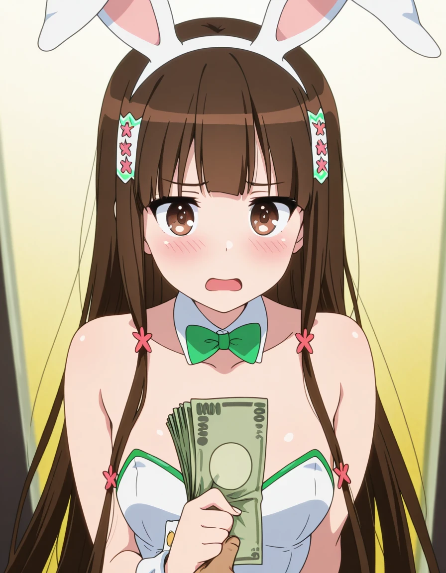 masterpiece, best quality, amazing quality,, <lora:amagi-kobori-s1-illustriousxl-lora-nochekaiser:1>, kobori, koborii (amaburi), brown eyes, brown hair, long hair, hair flower, hair ornament, sidelocks, mature female, small breasts, anime screencap, <lora:holding-money-pov-illustriousxl-lora-nochekaiser:1>, holding money pov, holding money, pov, banknote, holding, blush, playboy bunny, casion, bunny ears, leotard, highleg leotard, pantyhose, collarbone, detached collar, wrish cuff, embarrassed, open mouth,,