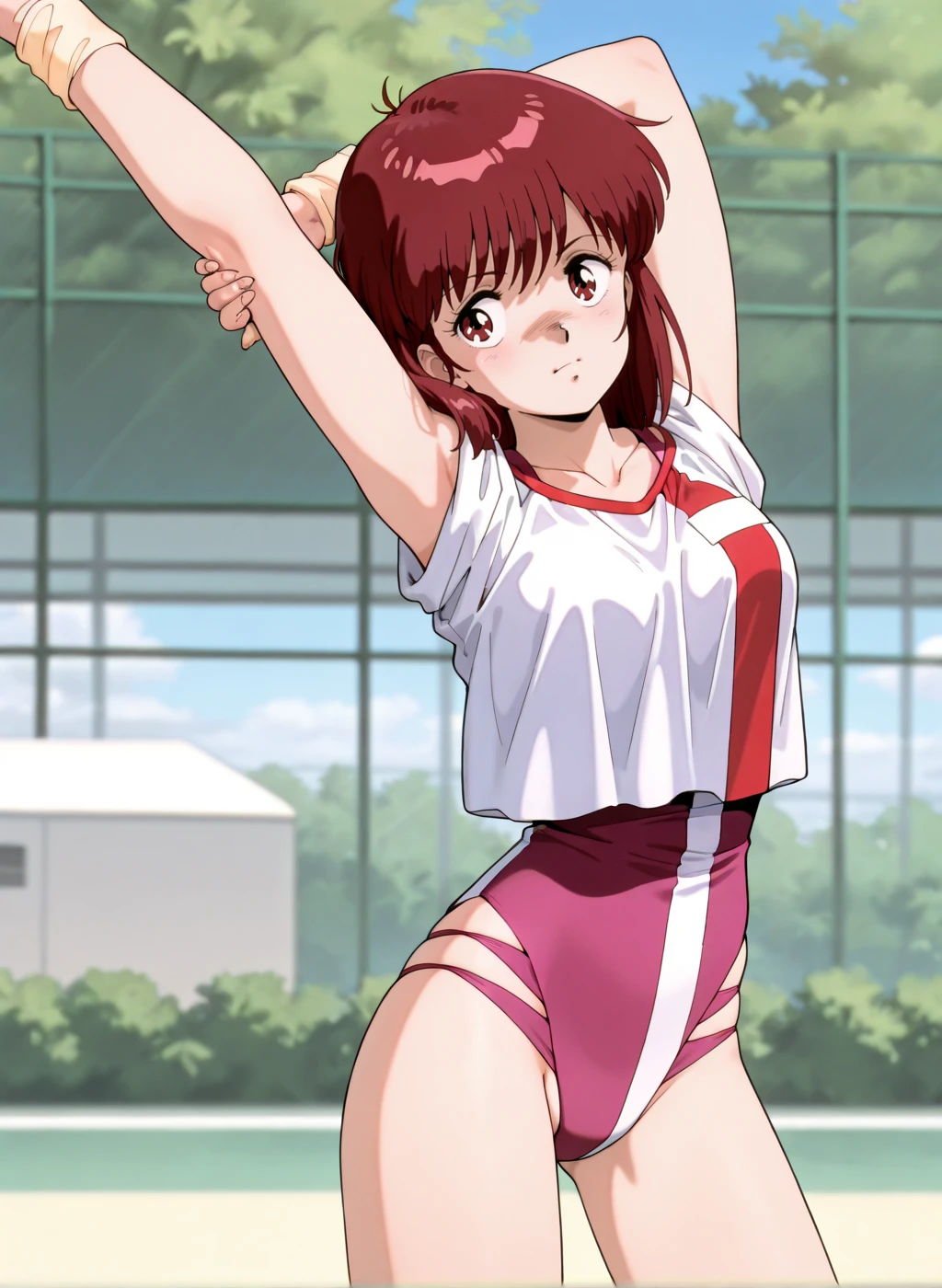 android, beautiful robot makes hard masturbation, she gets orgasms. Her short pigtails, brown hair, Hair tie with two big red clothespins, big smile, brown hair, middle age, joint seam, blue eyes, full body figure, Height: 160cm, She wears only Light beige micro mini pantie, fluttering skirt, skirt folds, white retro swimwear, Uplifting, 2020s anime style, 21thcentury japan animation, show White pantie, strong wind is blowing.