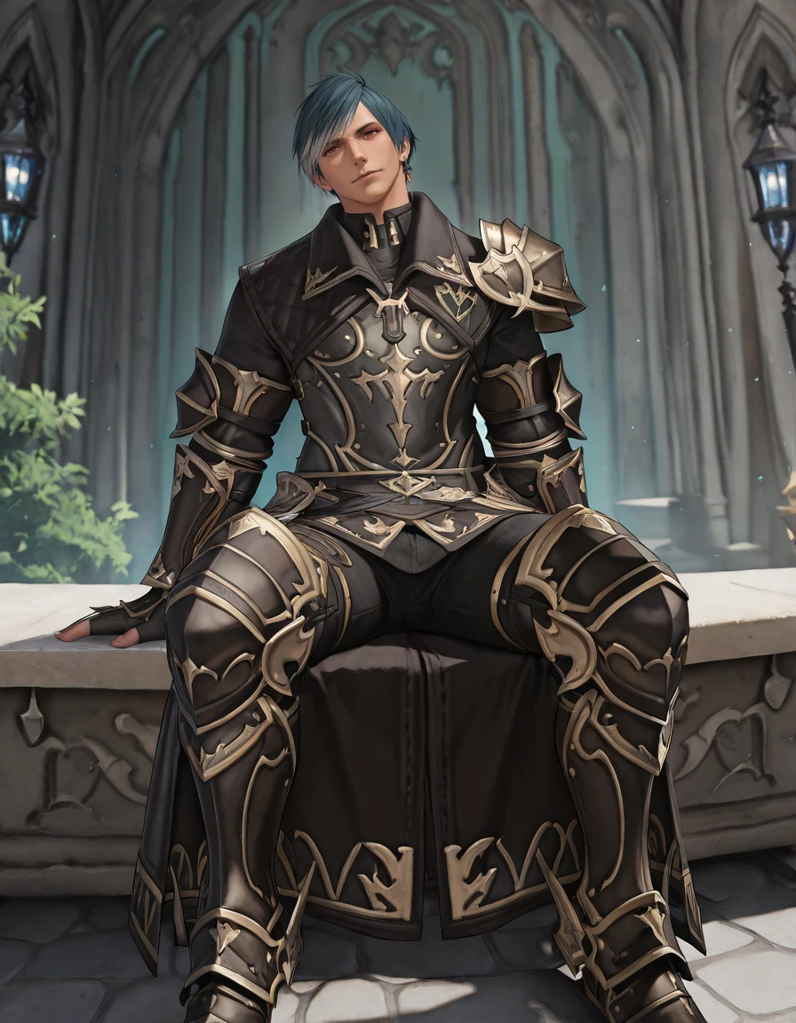 masterpiece, best quality, newest, perfect quality, intricate details, detailed background, male focus, realistic, solo, <lora:FFXIV - Granson Ketchthane - Illustrious-000004:0.8> granson_ffxiv, 1boy, hyur, red eyes, nose scar, teal hair, multicolored hair, single earring, single pauldron, coat, gauntlets, fingerless gloves, pants, armored boots, looking at viewer, sitting, on stone bench, kingdom, trees, contrapposto, head tilt