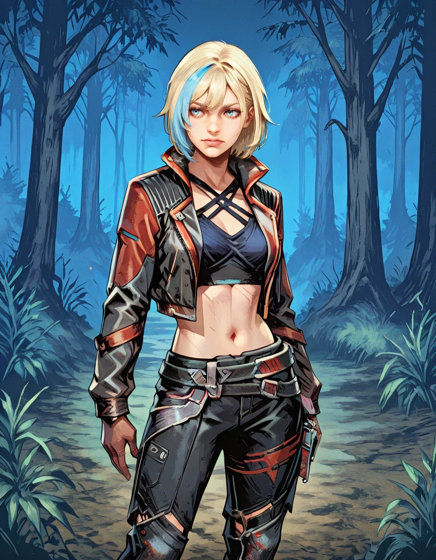 1girl, solo, navel, blonde hair, jacket, multicolored hair, pants, streaked hair, midriff, blue eyes, cropped jacket, short hair, belt, blue hair, criss-cross halter, open jacket, breasts, standing, black pants, shorts, nea karlsson<lora:Nea_Karlsson_-_Straight_Arrow_Skin_Dead_by_DaylightIIIustrious:0.8> outdoor forest, night <lora:TTCSV1.0:0.8> TTCSV1.0
