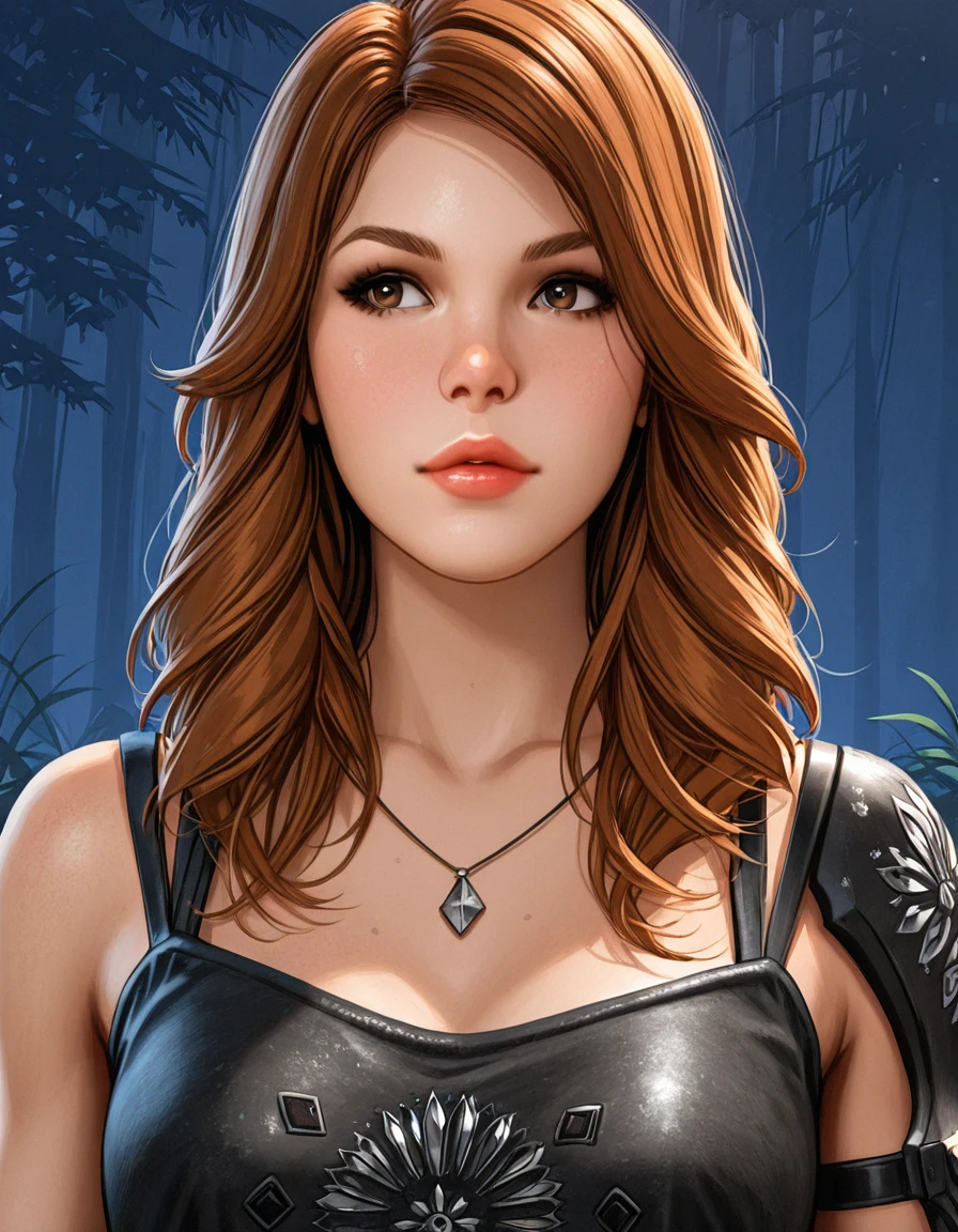 1girl, solo, brown hair, upper body, long hair, lips, kate denson <lora:Kate_Denson_Dead_by_DaylightIIIustrious:1>