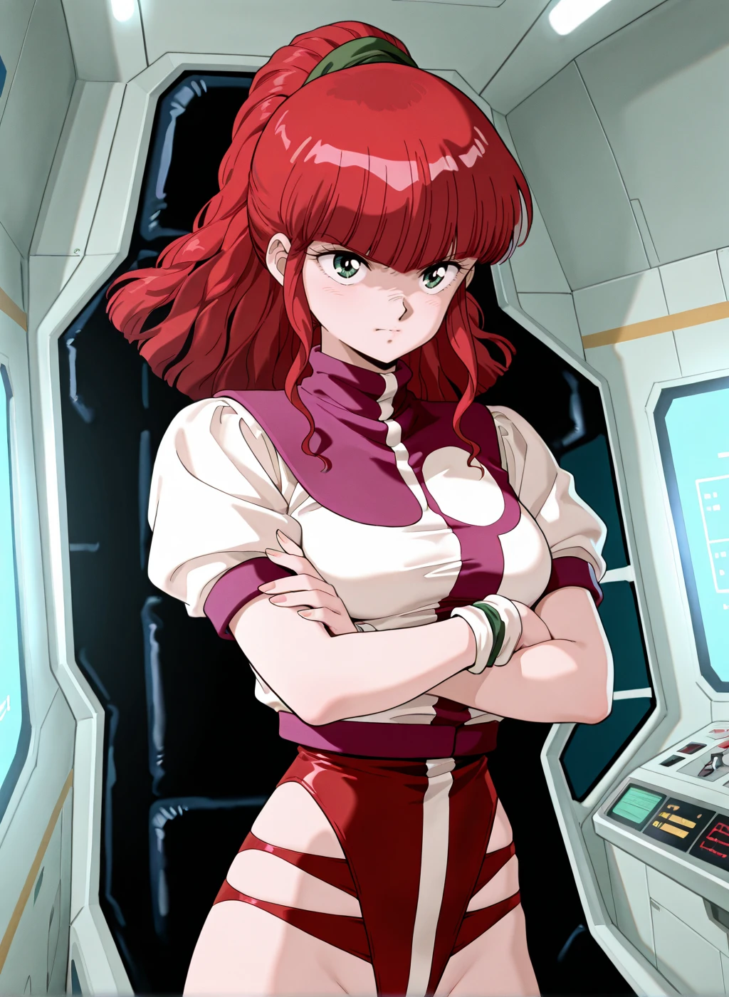 High quality,Ultra detailed,best quality,insanely detailed,beautiful,masterpiece,absurdres,very aesthetic,sensitive BREAK
<lora:jung_freud_V1_NOOB:1>,(jung freud, top wo nerae, red hair, long hair, green eyes, ponytail, medium breasts, 1980s \(style\), retro artstyle),(red leotard,uniform,turtleneck,short sleeves,puffy sleeves),1girl,solo,posing,indoors,science fiction,cockpit,serious,arms crossed,