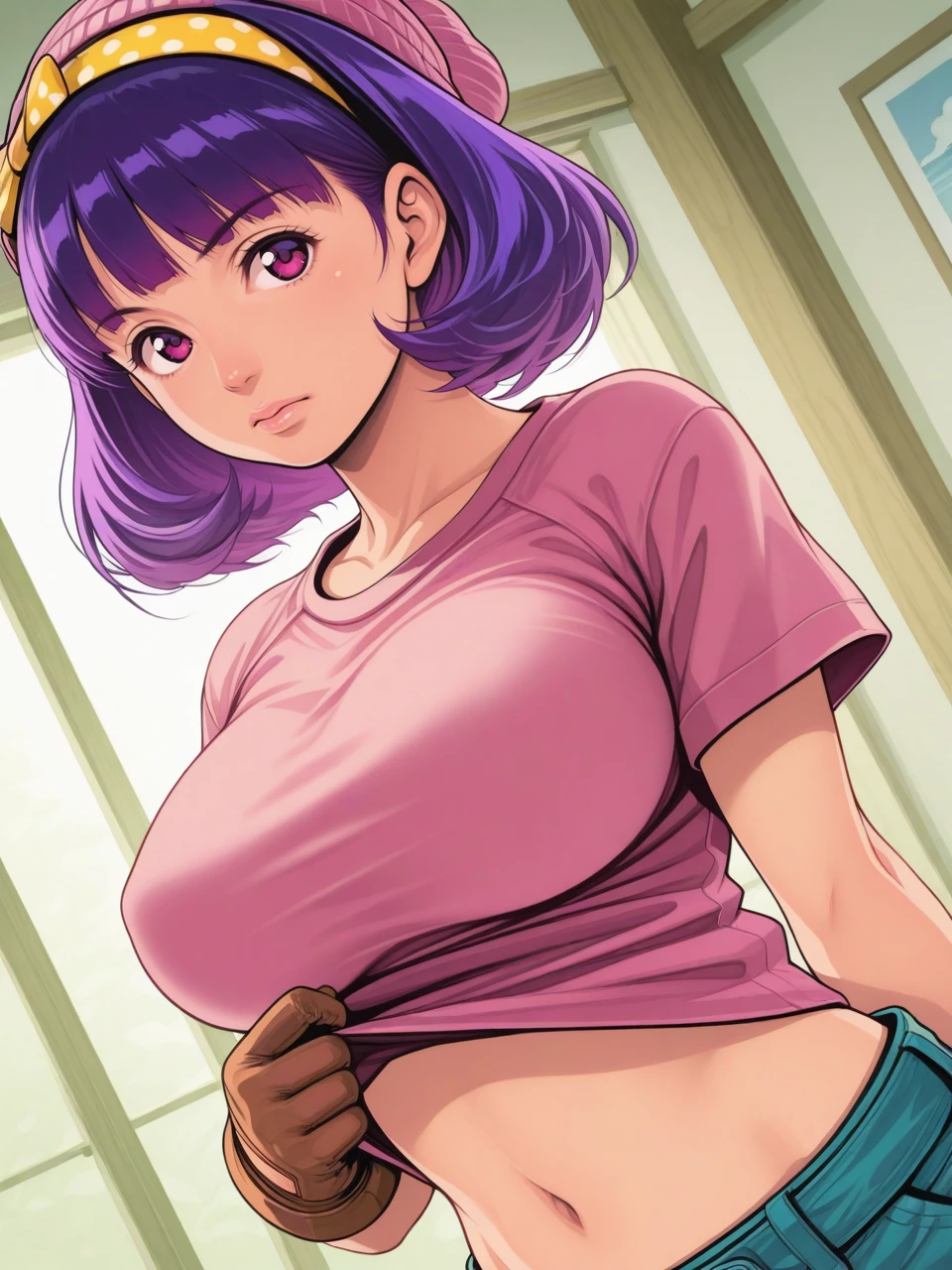 score_9, score_7_up, best quality, 2d, lineart, chipokan, hairband, clothes lift, purple hair, short hair, beanie, gloves, shirt, hair bow, large breasts, dramatic angle,
chipokan, <lora:Chipokan-000009:1>