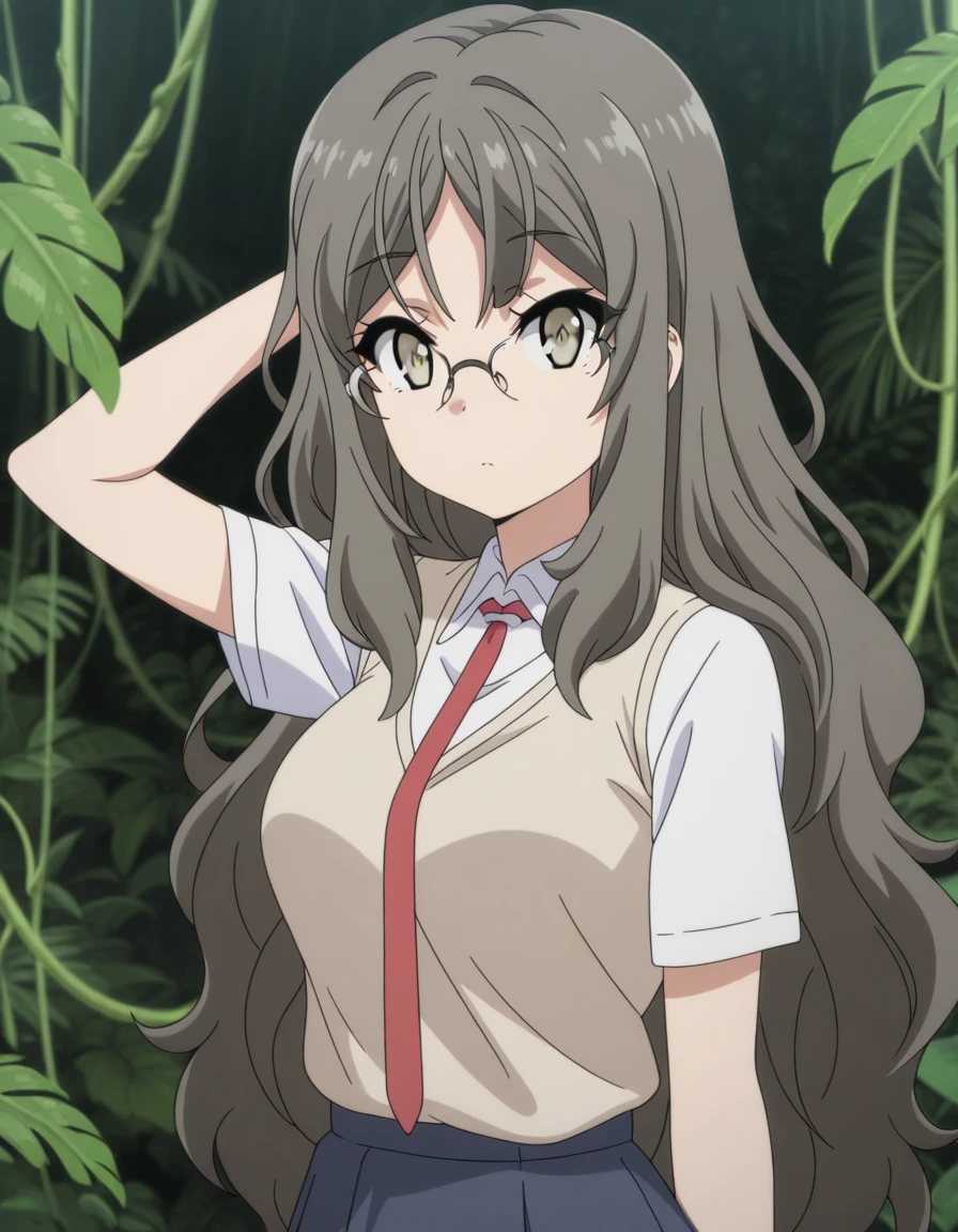 masterpiece, best quality, amazing quality,, <lora:rio-futaba-s1-illustriousxl-lora-nochekaiser:1>, rio futaba, futaba rio, long hair, brown hair, brown eyes, glasses, mature female, breasts, anime screencap, shirt, school uniform, white shirt, short sleeves, necktie, red necktie, hand behind head, , jungle, dense, wildlife, vines, green, cowboy shot, solo, looking at viewer