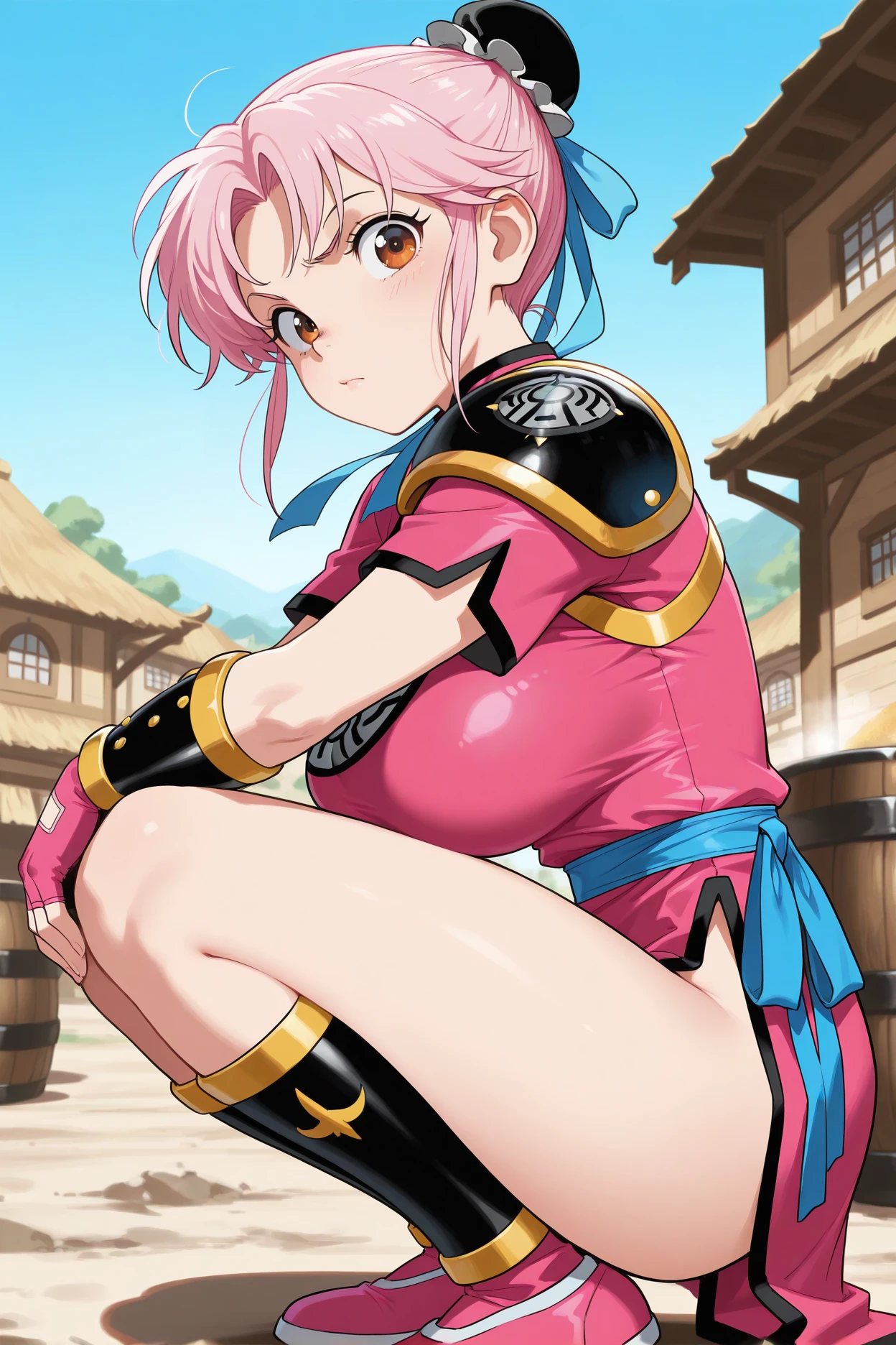 (masterpiece, Highest quality,Brown eyes, Delighted:1.2,blush,Nipple marks, Dirty print in the crotch:1.1,), ,, One girl,, Facing the viewer, short hair, Pink Hair, Parted bangs, (Good cover,:1.1) , Fingerless gloves, Pink gloves, Pink Chinese Dress,Gold micro bikini, Pink Dress, ribbon, boots, The background is a dark forest:1.2 ,(nsfw:1.3), Hair Bun, short hair,Cel animation style:1.2