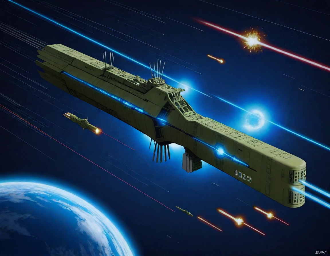 masterpiece, best_quality, very_aesthetic, highres, absurdres,very_aesthetic, ultra detailed,
<lora:LOGH_FPA_IL:1> logh, fpa spacebattleship, no humans, spacecraft, science fiction, vehicle focus, space,starry sky, spac war,laser beam,explosion, earth \(planet\), orbit, number text,english print,engine glowing blue, missile fired