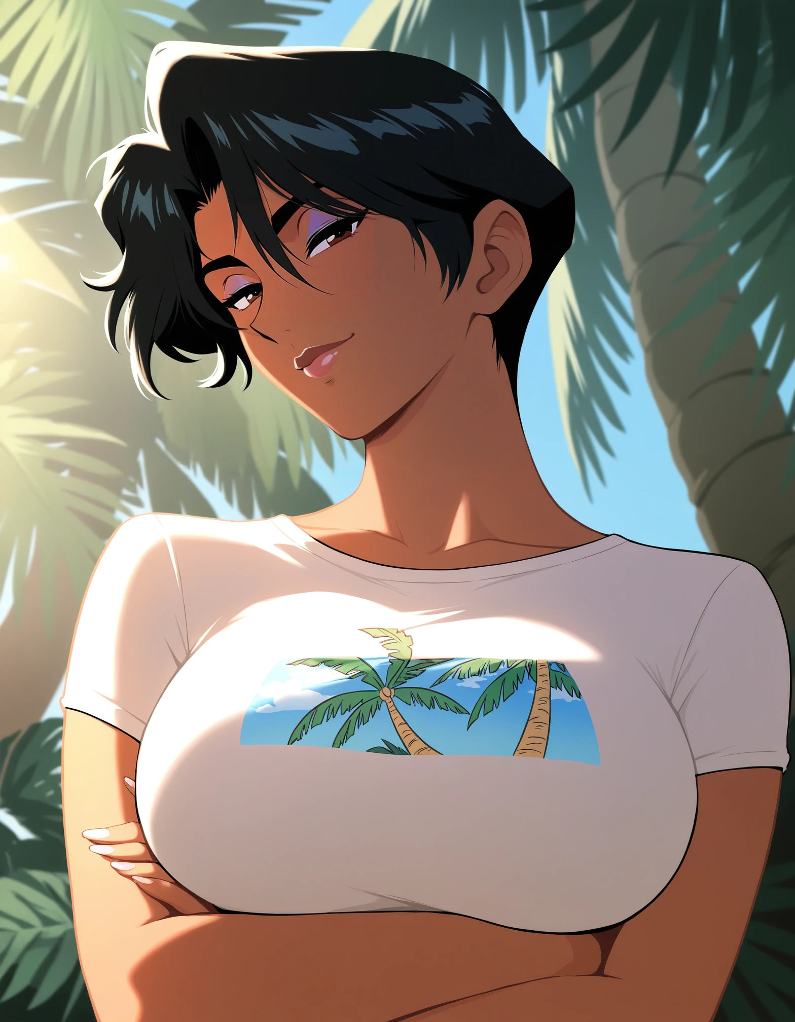 masterpiece, good quality, best quality, absurdres, highres, very awa,
hayami ayuko, upper body, head tilt, crossed arms,
dark-skinned female, 1girl, solo, seductive smile, closed mouth, half-closed eyes, looking at viewer,
black hair, short hair, brown eyes, makeup, lips, lipstick,
white shirt, t-shirt, print shirt, palm tree print,
large breasts,
outdoors, tree, sidelighting, sunlight, day,
<lora:Hayami Ayuko 3216 NoobAIXL Epsilon:1>