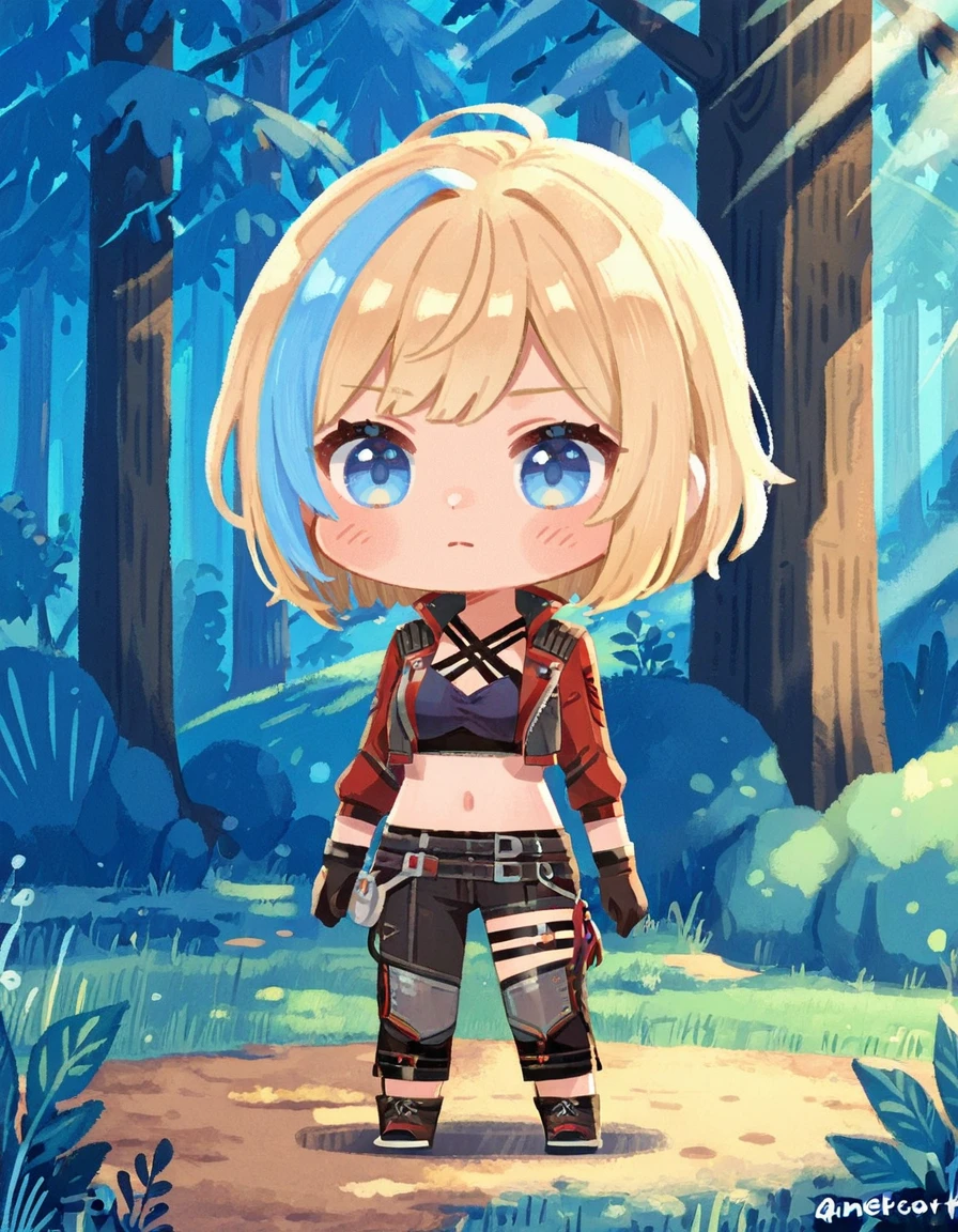 1girl, solo, navel, blonde hair, jacket, multicolored hair, pants, streaked hair, midriff, blue eyes, cropped jacket, short hair, belt, blue hair, criss-cross halter, open jacket, breasts, standing, black pants, shorts, nea karlsson<lora:Nea_Karlsson_-_Straight_Arrow_Skin_Dead_by_DaylightIIIustrious:0.8> outdoor forest, <lora:Amelicart_style_Illustrious_Xl:0.8> 0mel1c0rt , chibi only