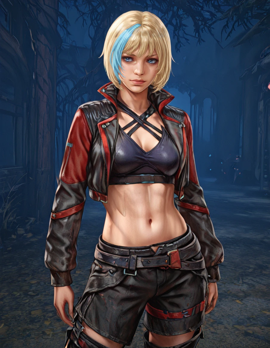 1girl, solo, navel, blonde hair, jacket, multicolored hair, pants, streaked hair, midriff, blue eyes, cropped jacket, short hair, belt, blue hair, criss-cross halter, open jacket, breasts, standing, black pants, shorts, nea karlsson<lora:Nea_Karlsson_-_Straight_Arrow_Skin_Dead_by_DaylightIIIustrious:0.8><lora:Dandonfuga_Style:0.8> d4ndon