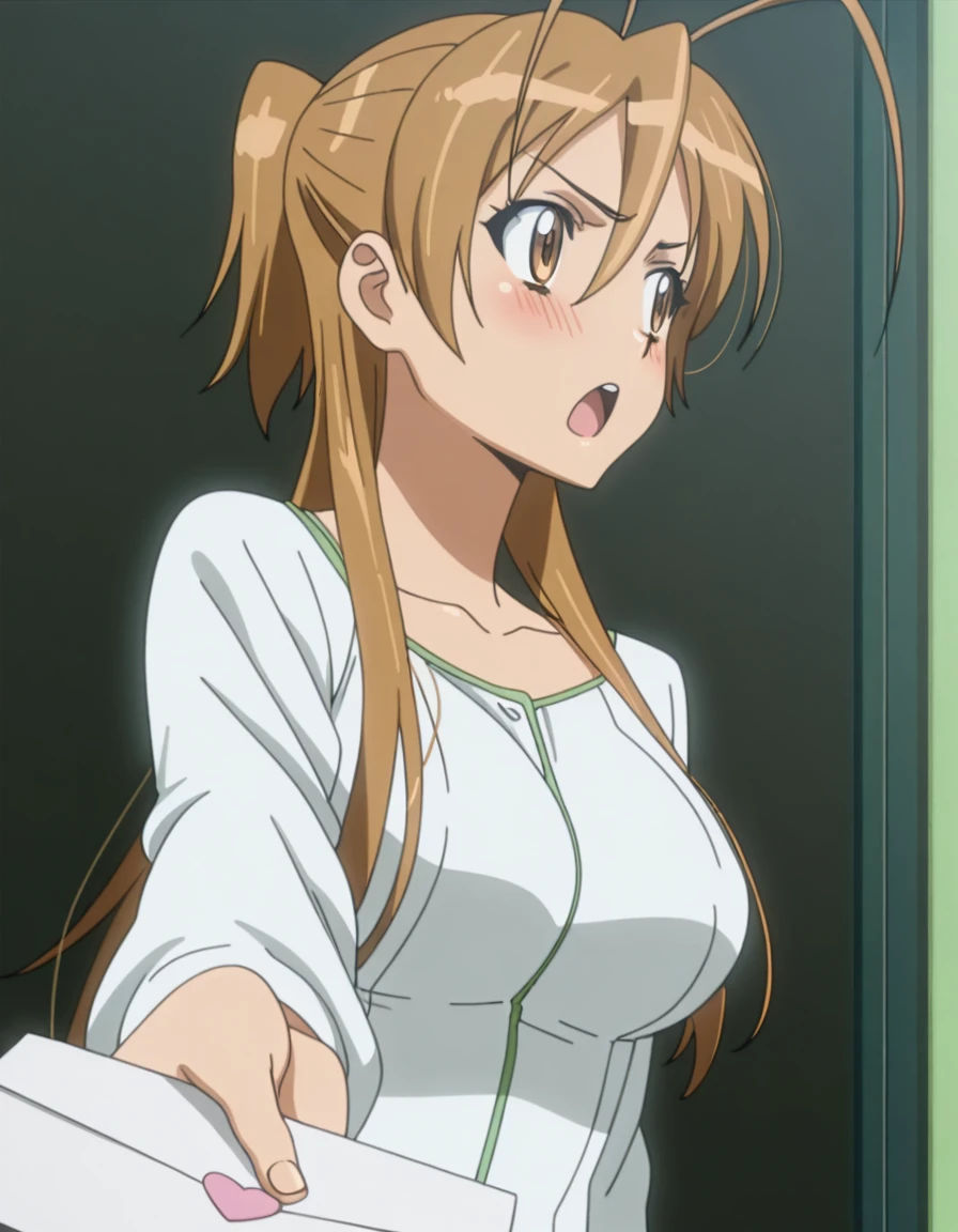 masterpiece, best quality, amazing quality,, <lora:rei-miyamoto-s1-illustriousxl-lora-nochekaiser:1>, rei miyamoto, miyamoto rei, long hair, brown hair, brown eyes, antenna hair, ponytail, mature female, breasts, anime screencap, <lora:tsundere-illustriousxl-lora-nochekaiser:1>, tsundere, incoming letter, love letter, outstretched arm, looking away, blush, open mouth, cowboy shot,