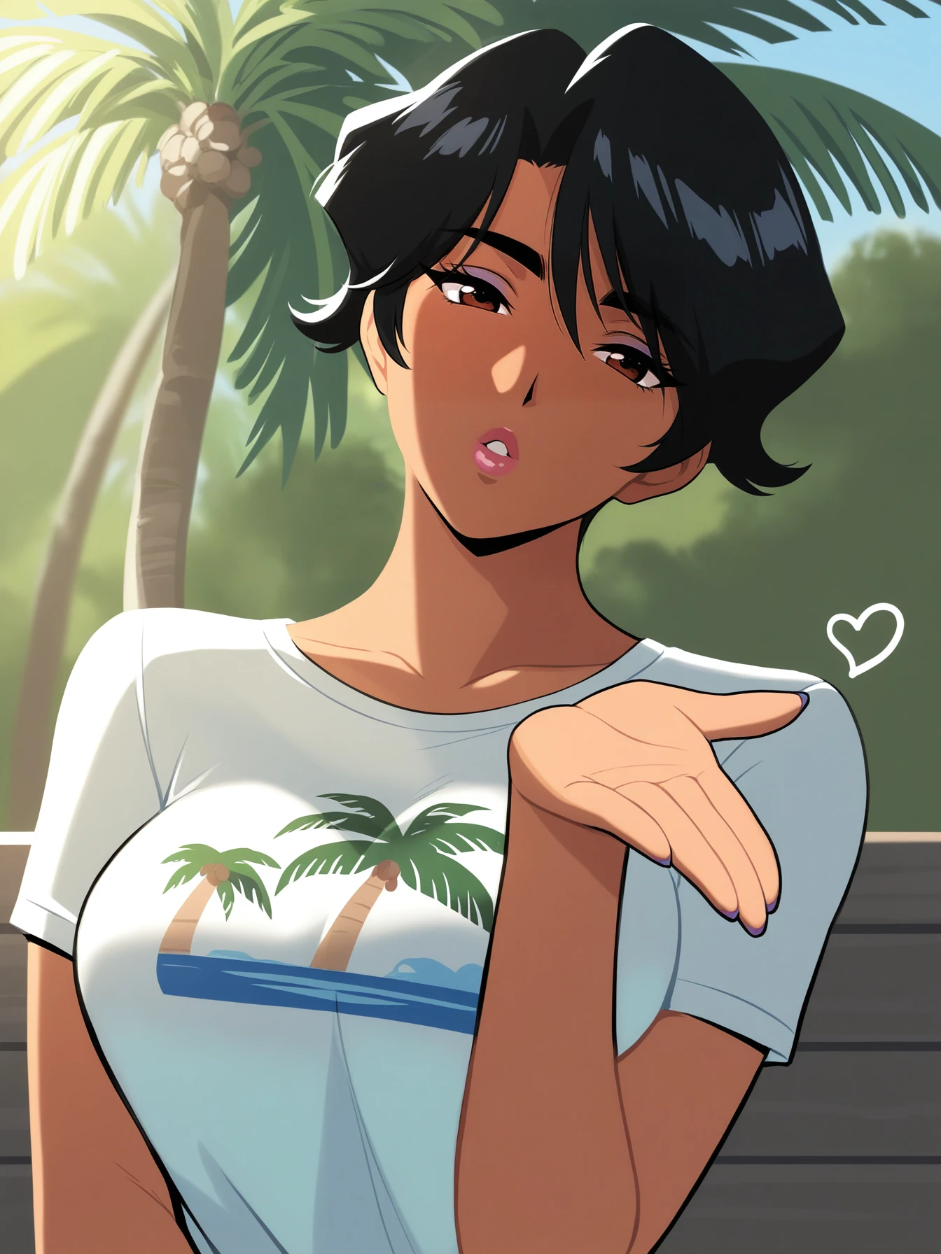 masterpiece, good quality, best quality, absurdres, highres, very awa,
hayami ayuko, upper body, blowing kiss, head tilt,
dark-skinned female, 1girl, solo, parted lips,
black hair, short hair, brown eyes, makeup, lips, lipstick,
white shirt, t-shirt, print shirt, palm tree print,
large breasts,
outdoors, tree, sidelighting, sunlight, day,
<lora:Hayami Ayuko 3216 NoobAIXL Epsilon:1>