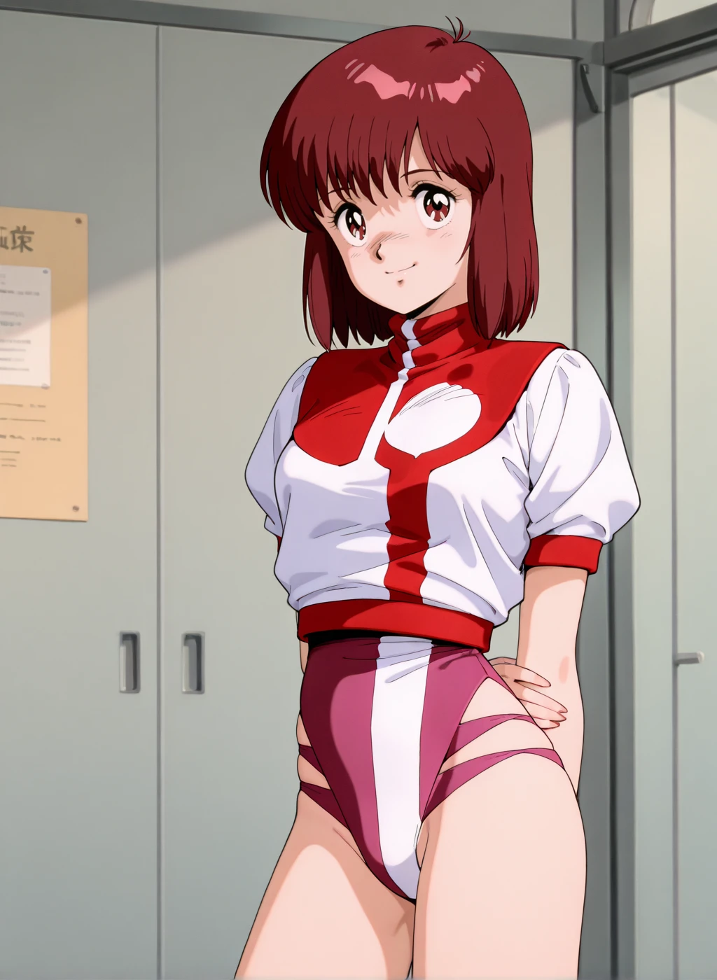 High quality,Ultra detailed,best quality,insanely detailed,beautiful,masterpiece,absurdres,very aesthetic,sensitive BREAK
<lora:takaya_noriko_V1_NOOB:1>,(takaya noriko, top wo nerae, red hair, short hair, brown eyes, 1980s \(style\), retro artstyle),(pink leotard,uniform,turtleneck,short sleeves,puffy sleeves),1girl,solo,posing,indoors,standing,arms behind back,smile,science fiction,
