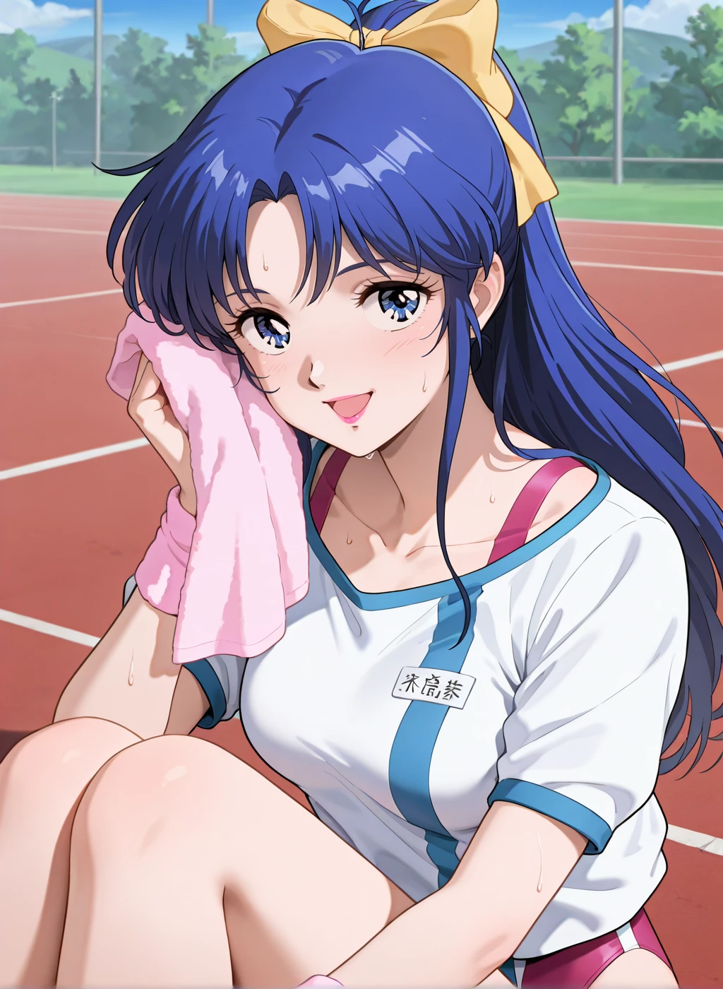 High quality,Ultra detailed,best quality,insanely detailed,beautiful,masterpiece,absurdres,very aesthetic,sensitive BREAK
<lora:amano_kazumi_V1_NOOB:1>,(amano kazumi, top wo nerae, blue hair, long hair, blue eyes, hair bow, yellow bow, ponytail, pink lips, retro artstyle, 1980s \(style\)),(pink leotard,gym uniform,white shirt,collarbone,wristband,leotard under clothes),1girl,solo,posing,outdoors,sitting,knees up,:d,sweat,towel,