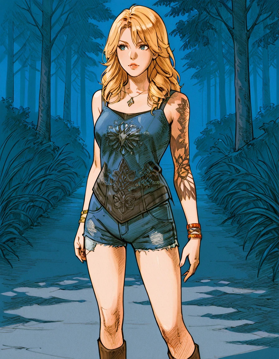 1girl, solo, shorts, tattoo, boots, blonde hair, jewelry, denim shorts, long hair, denim, blue eyes, bracelet, blue shorts, lips, kate denson<lora:Kate_Denson_Dead_by_DaylightIIIustrious:1>forest, outdoor <lora:Marvel_vs._Capcom_2_New_Age_of_Heroes_Style:0.8> mvc2 style, hatching (texture)