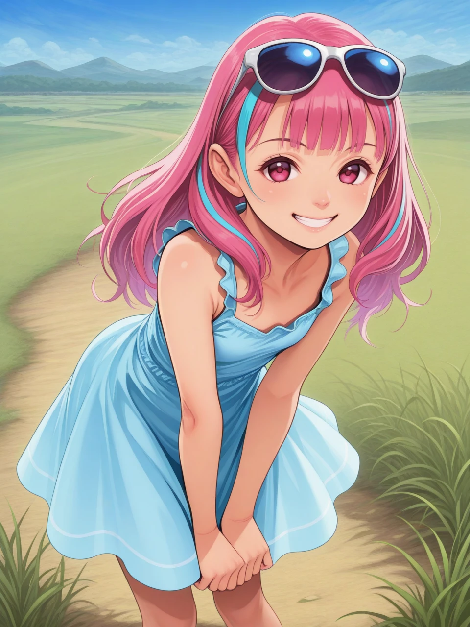 core_9, score_7_up, best quality, ultra-detailed, highres , 2d, lineart,1girl, streaked hair, solo,petite, dress, leaning forward, smiling, long hair, grass, sunglasses on head, ,
chipokan, <lora:Chipokan-000009:1>