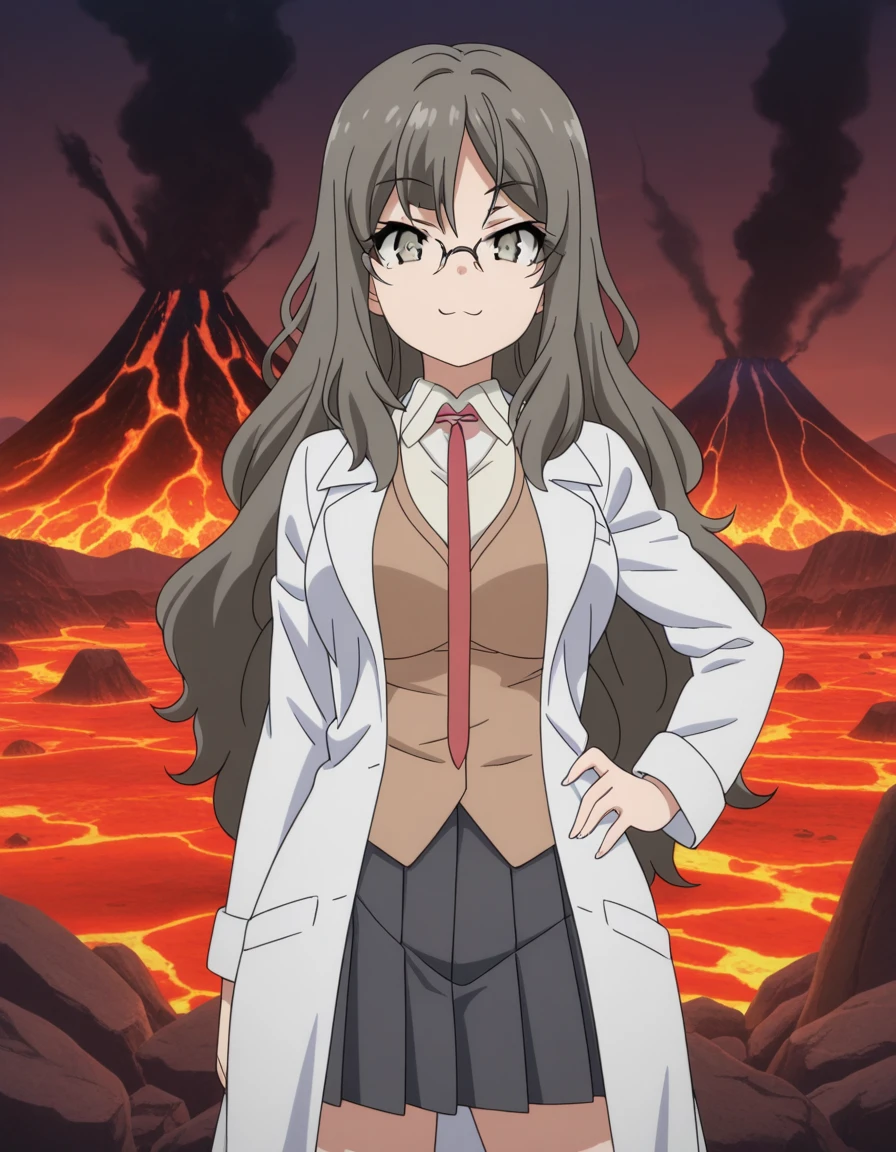 masterpiece, best quality, amazing quality,, <lora:rio-futaba-s1-illustriousxl-lora-nochekaiser:1>, rio futaba, futaba rio, long hair, brown hair, brown eyes, glasses, mature female, breasts, anime screencap, skirt, shirt, school uniform, white shirt, pleated skirt, collared shirt, black skirt, vest, red necktie, labcoat, white labcoat, brown vest,, smug, hand on own hip,, volcano, lava, rock, fire, smoke, cowboy shot, solo, looking at viewer