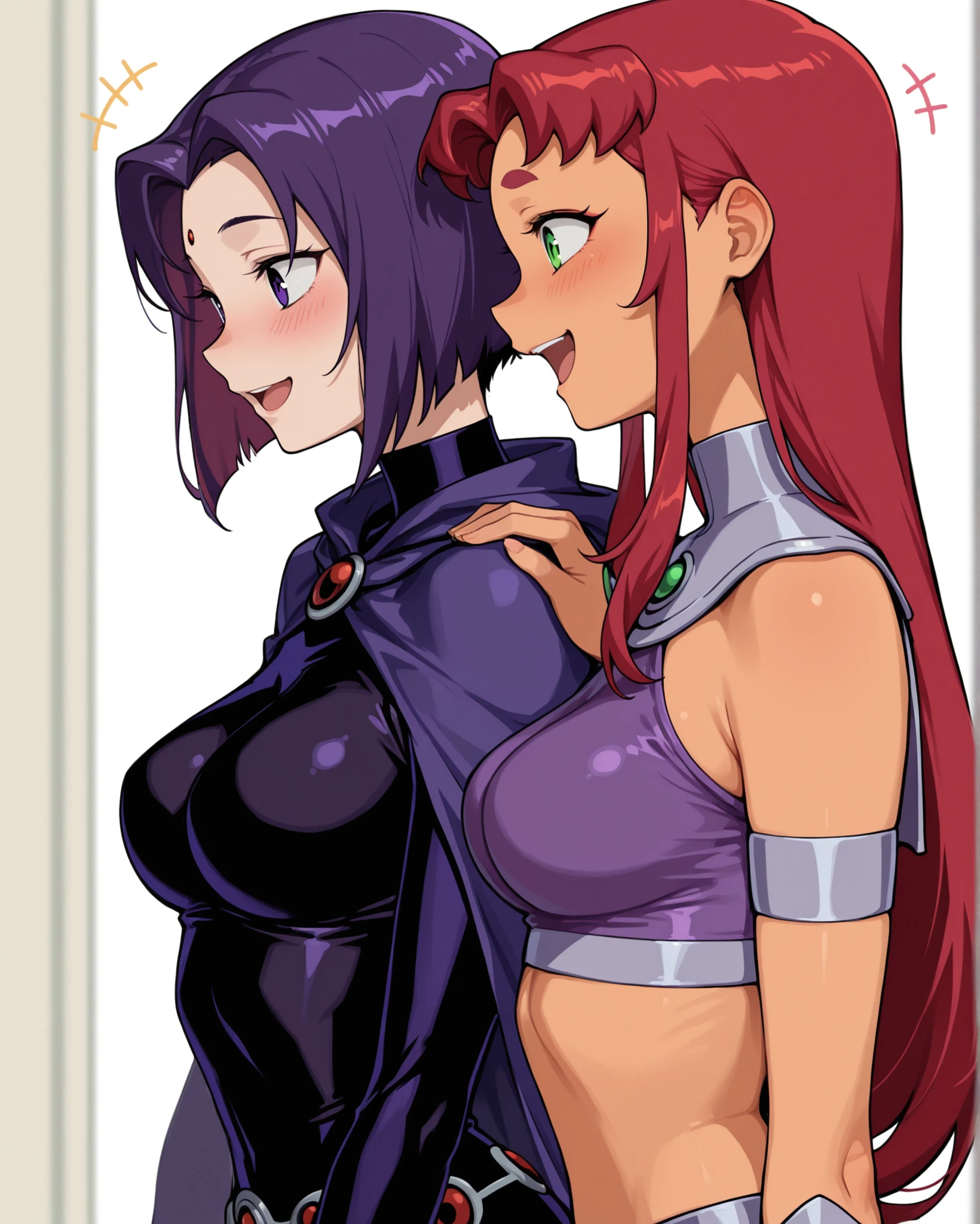 score_9, score_8_up, score_7_up, titans, starfire, raven, raven and starfire, 2girls, duo, indoors, futa, futanari, nude, smug, smirk, presenting penis, looking at viewer, frotting